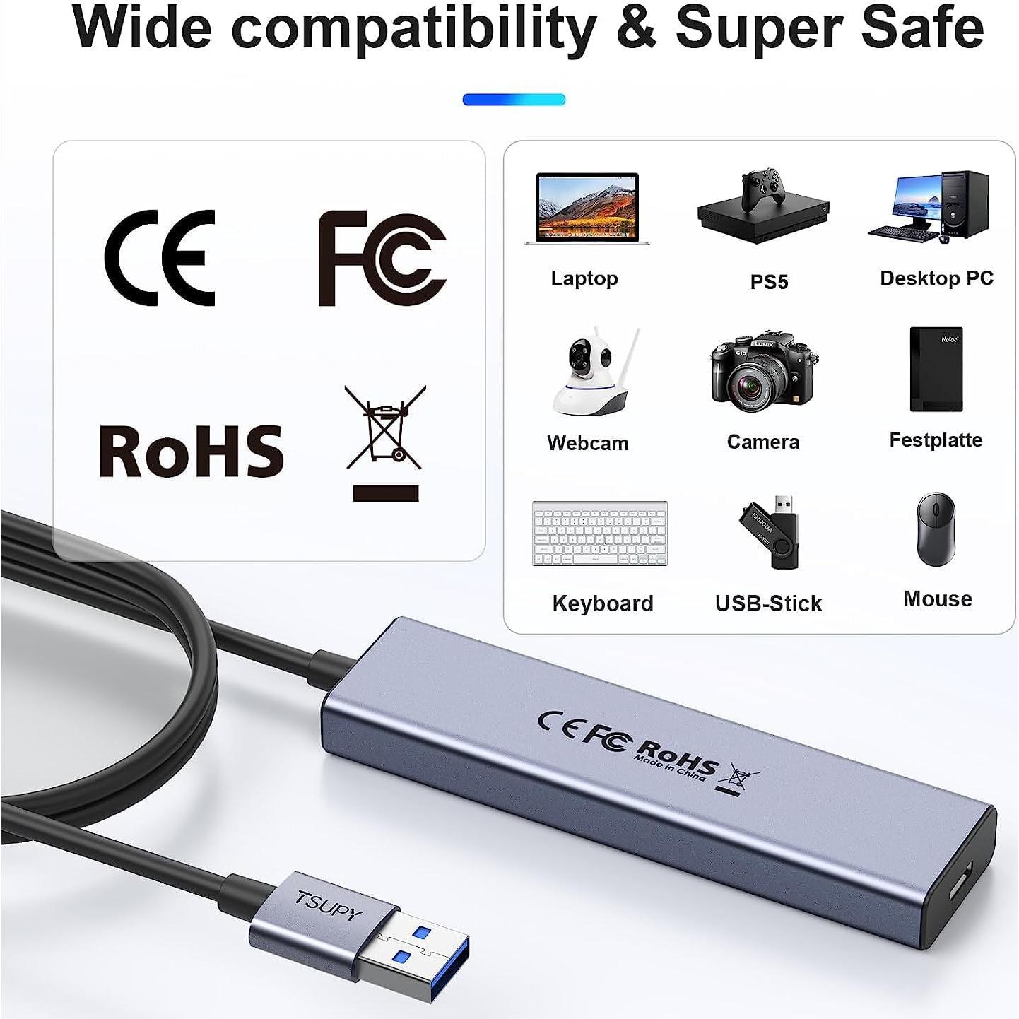 HUB USB 3.0 TSUPY 5 Puertos Aluminio 1.2m Cable Extendido