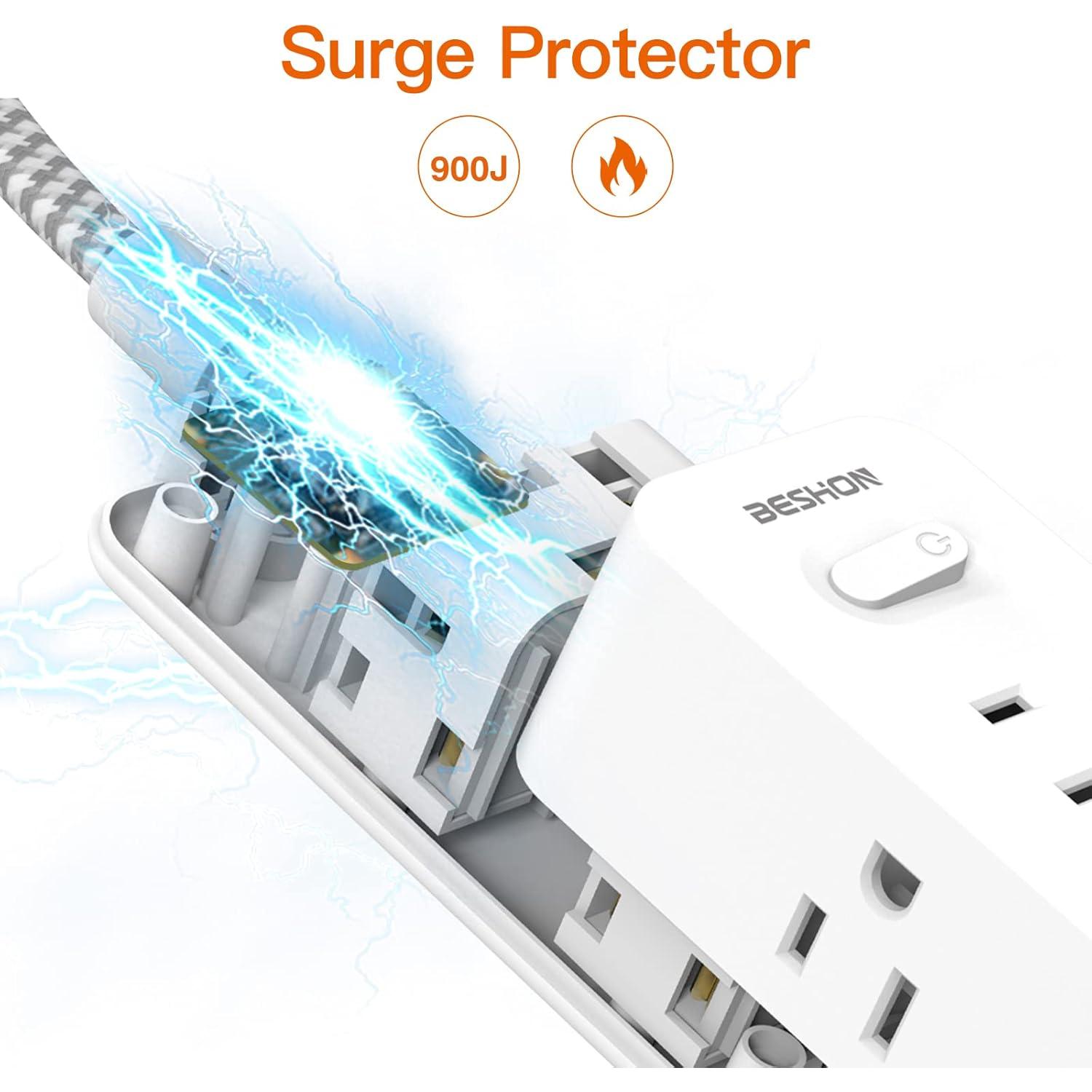 Regleta de Sobretensión BESHON 5FT con 6 Salidas y 3 USB