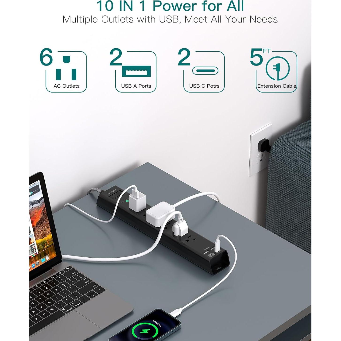 Regleta de Protección Addtam 1.5m 6 Salidas AC 4 USB