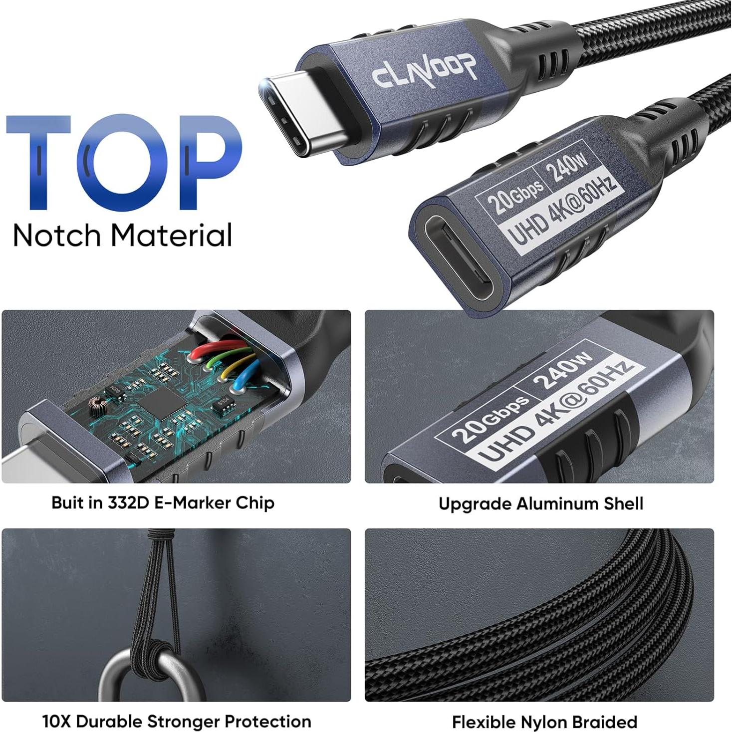 Cable Extensión USB C 1.83m CLAVOOP 20Gbps 240W 4K@60Hz