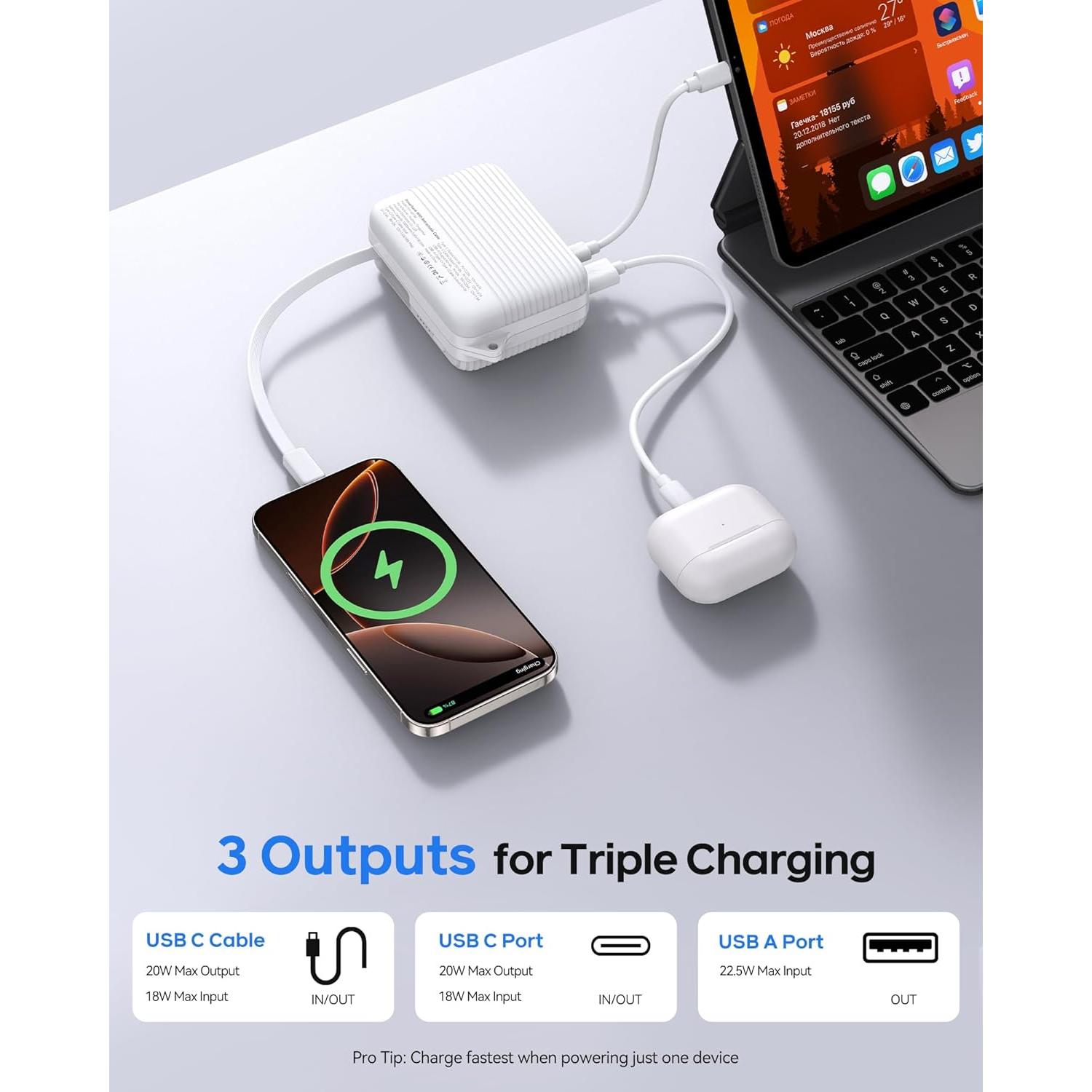 Cargador Portátil YKZ 10000mAh con Cable USB-C Retráctil