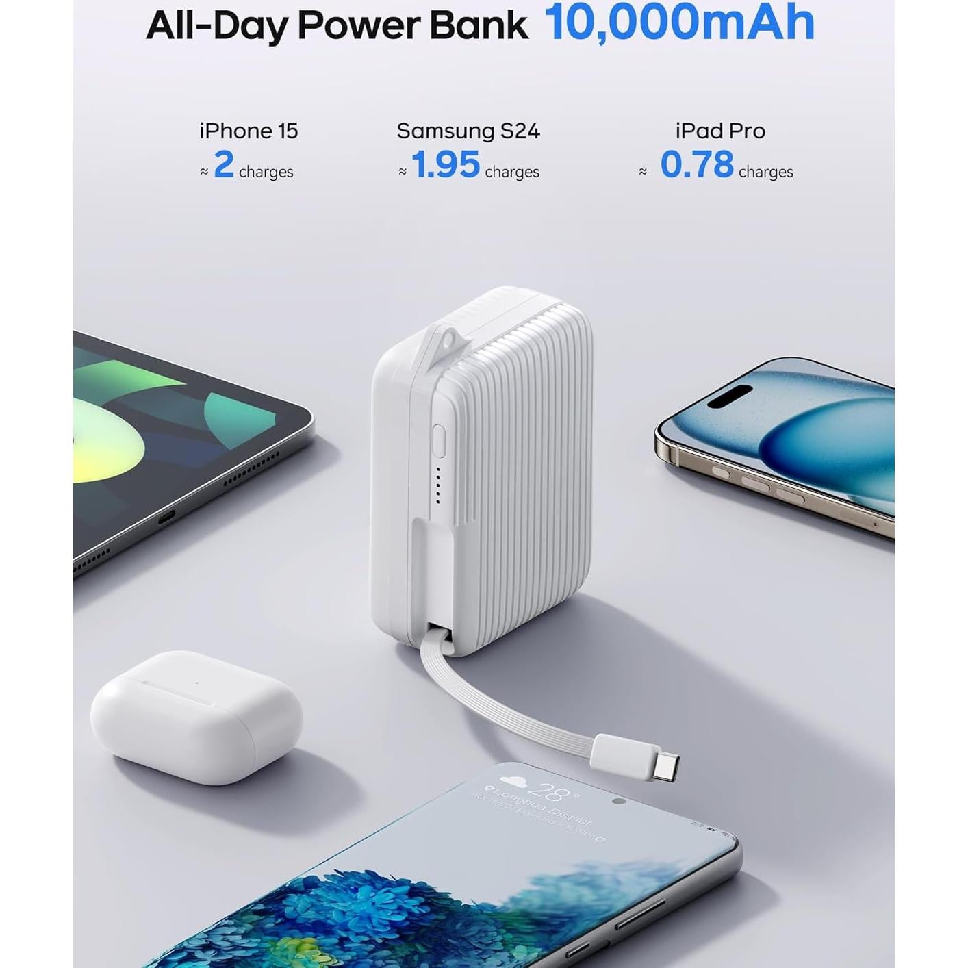 Cargador Portátil YKZ 10000mAh con Cable USB-C Retráctil