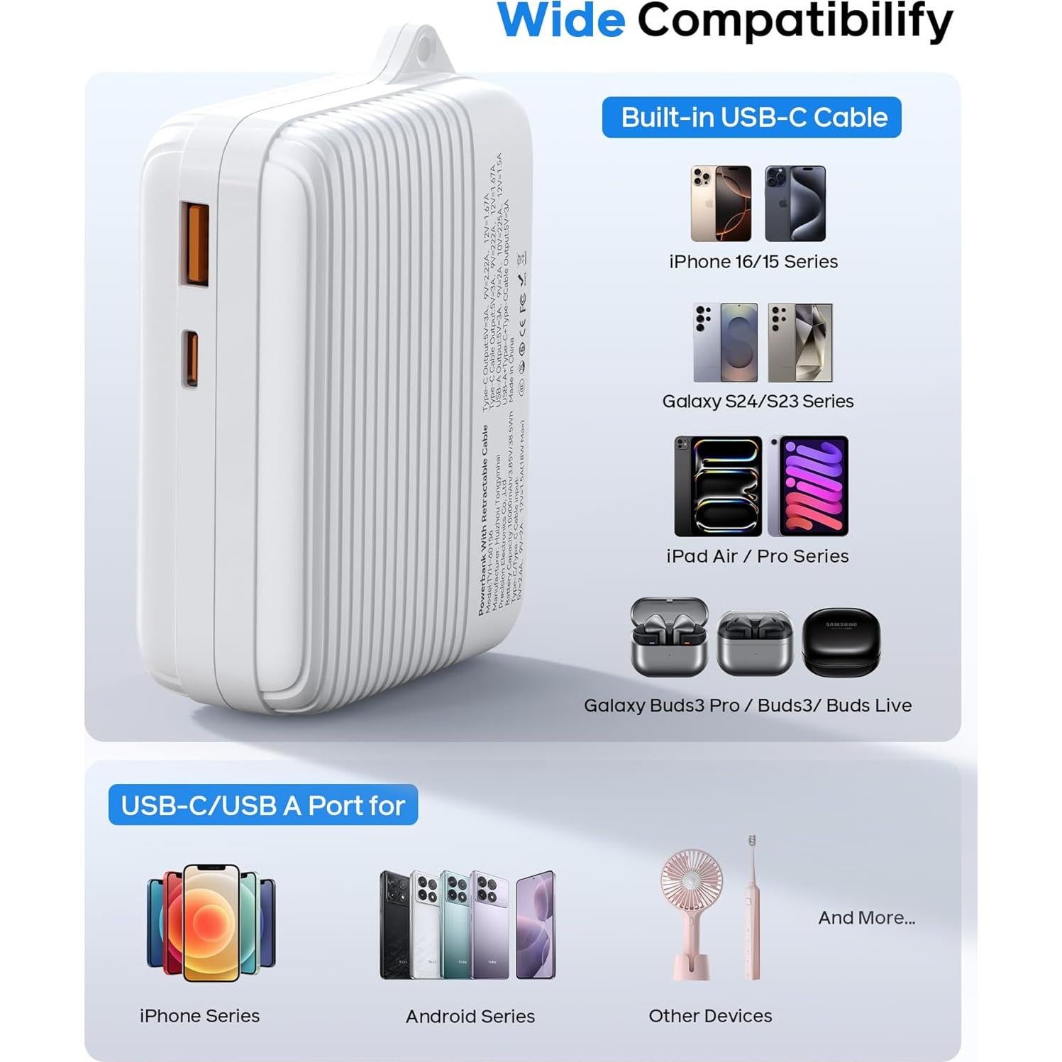 Cargador Portátil YKZ 10000mAh con Cable USB-C Retráctil