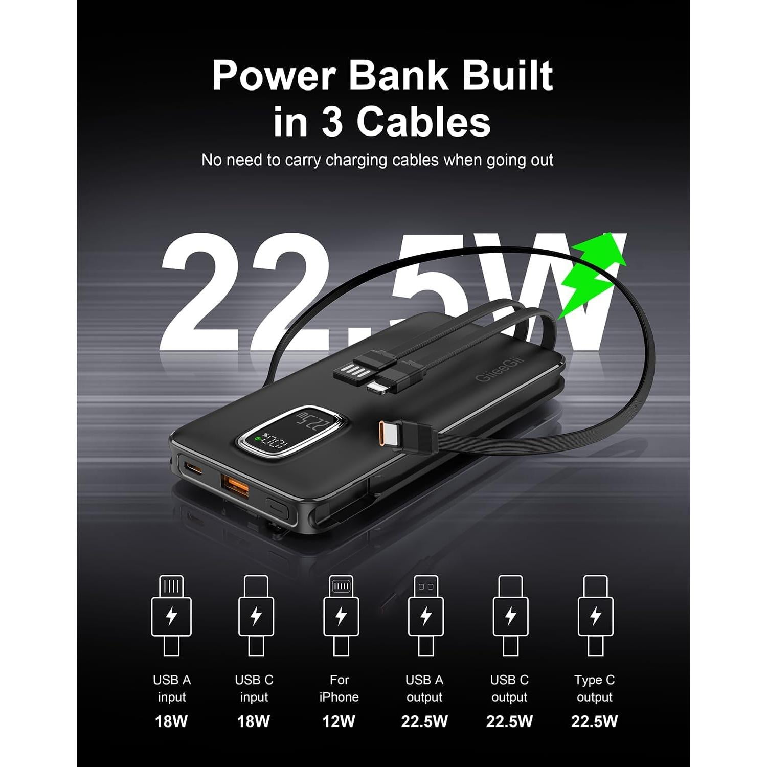 Cargador Portátil GiieeGii 10000mAh 22.5W Rápido USB-C iOS