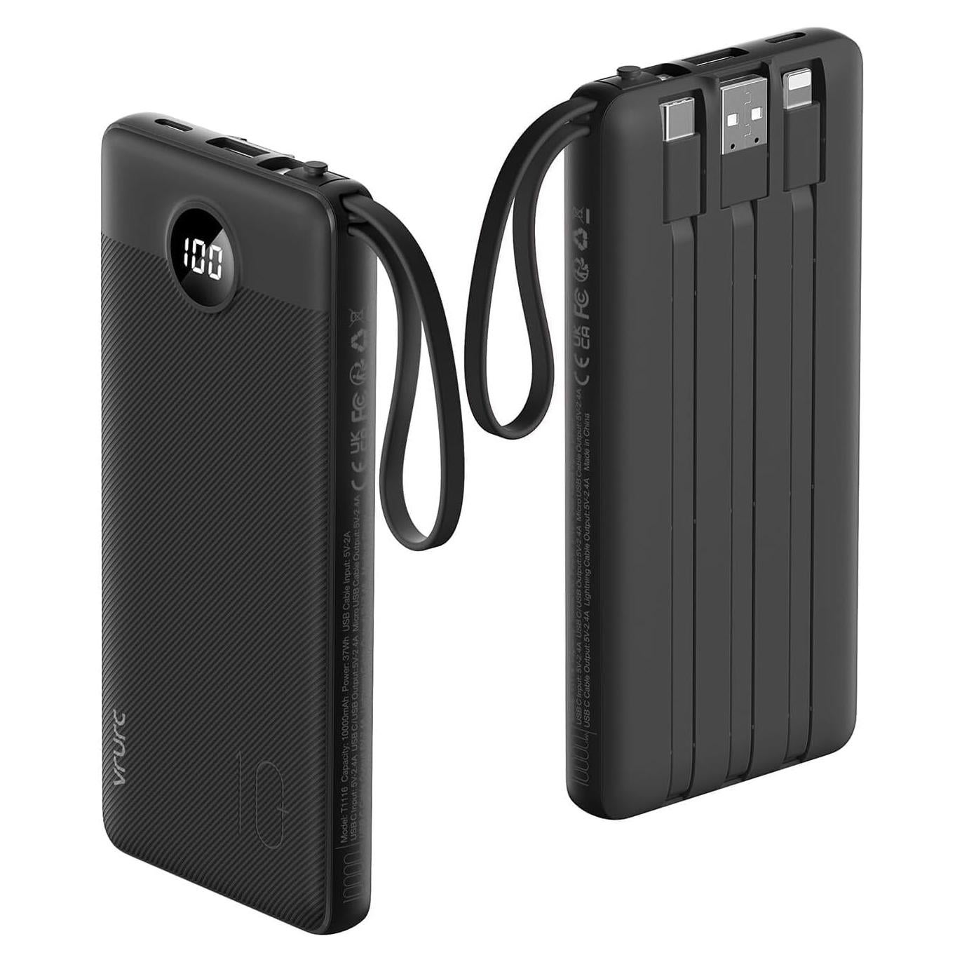 Cargador Portátil VRURC 10000mAh con Cables Integrados - Negro
