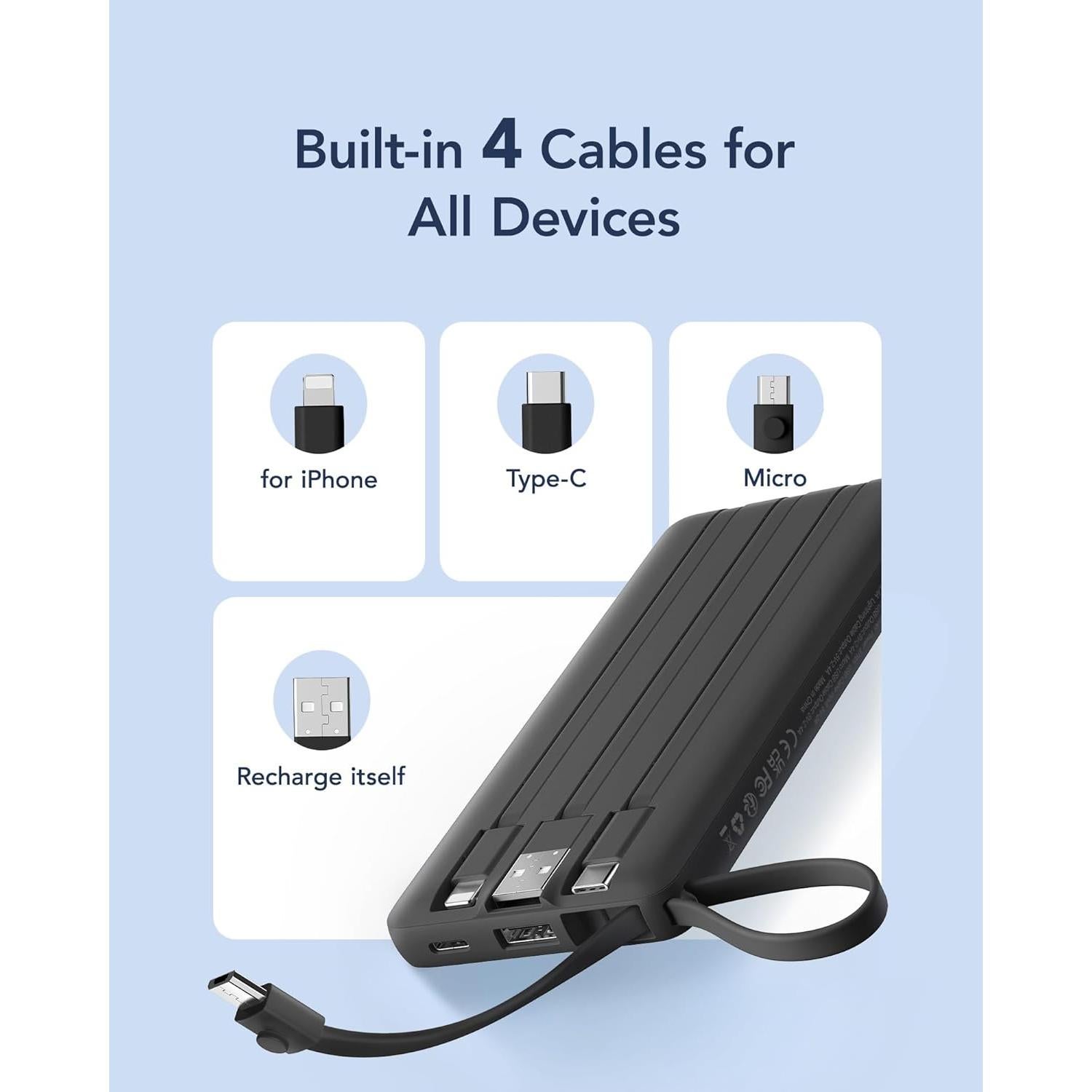 Cargador Portátil VRURC 10000mAh con Cables Integrados - Negro