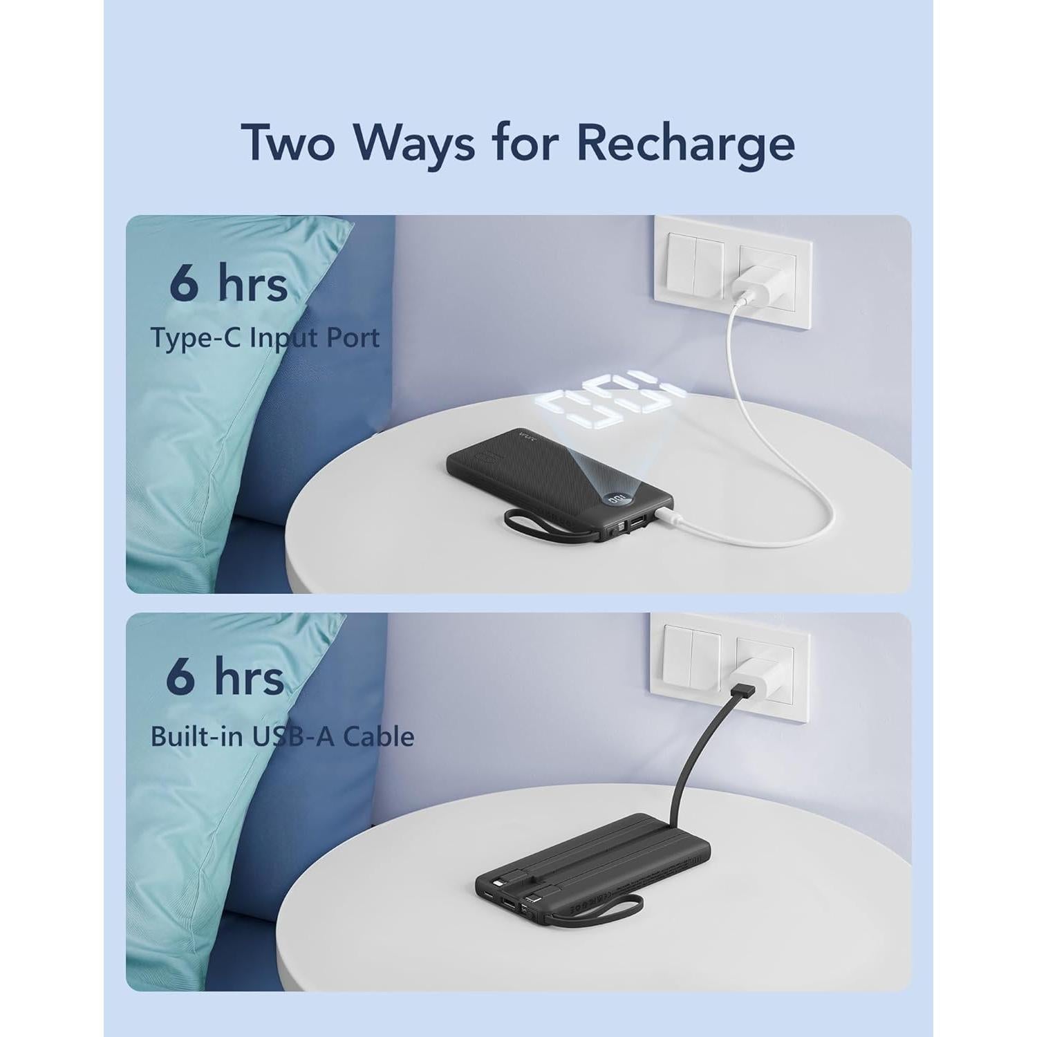 Cargador Portátil VRURC 10000mAh con Cables Integrados - Negro