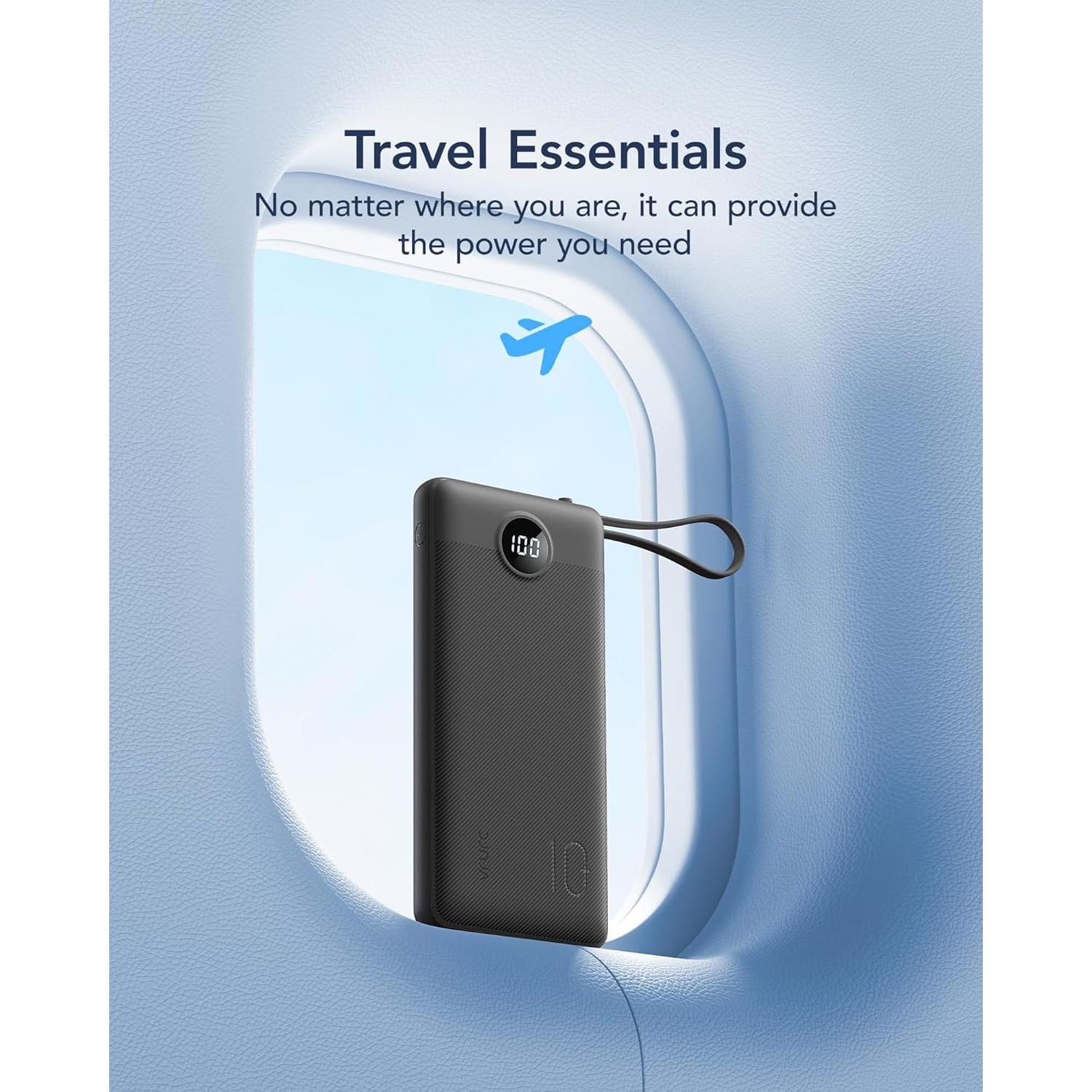 Cargador Portátil VRURC 10000mAh con Cables Integrados - Negro