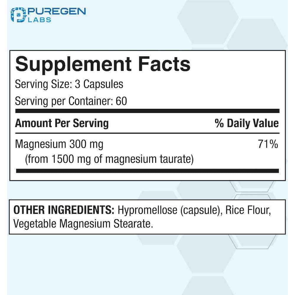 Taurato de Magnesio Puregen Labs 1500mg 180 Cápsulas Vegetales