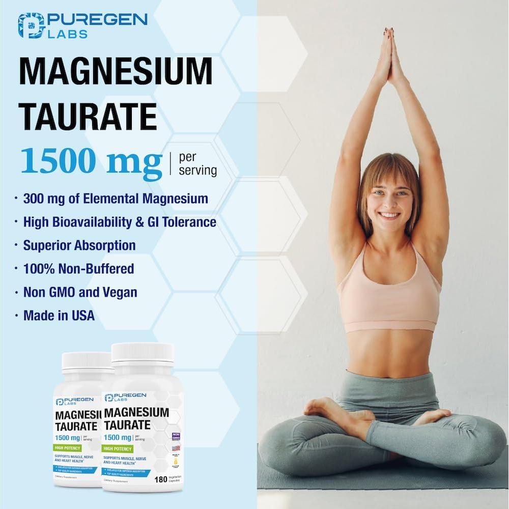 Taurato de Magnesio Puregen Labs 1500mg 180 Cápsulas Vegetales