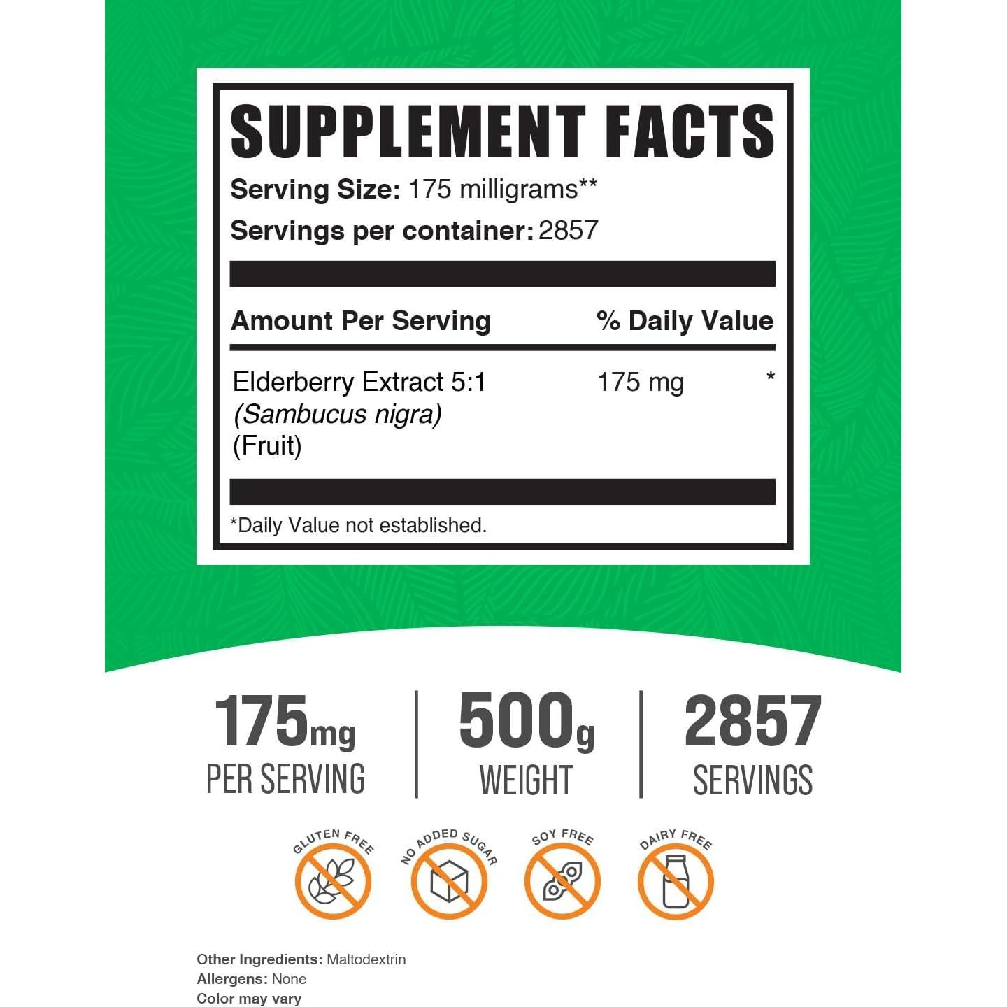 Polvo de Extracto de Saúco BulkSupplements 500g - Soporte Inmunológico