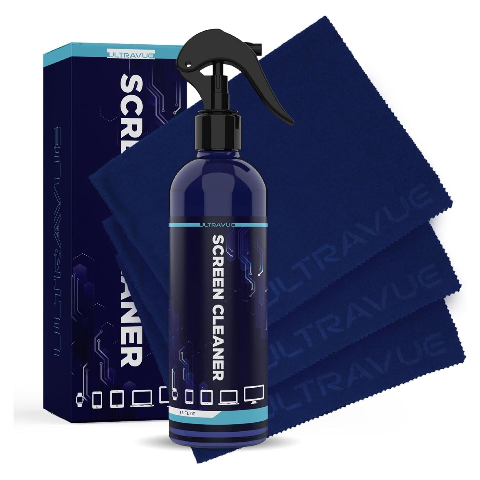 Kit Limpiador de Pantallas UltraVue - 0.47L + 3 Paños Microfibra