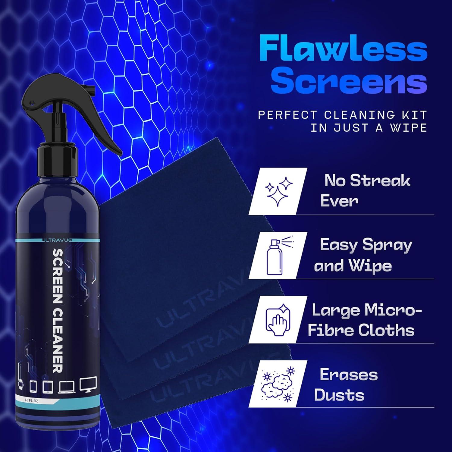 Kit Limpiador de Pantallas UltraVue - 0.47L + 3 Paños Microfibra