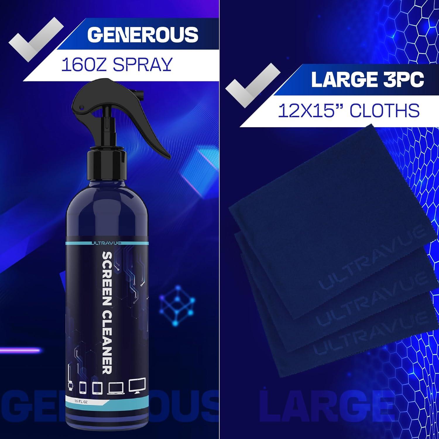 Kit Limpiador de Pantallas UltraVue - 0.47L + 3 Paños Microfibra