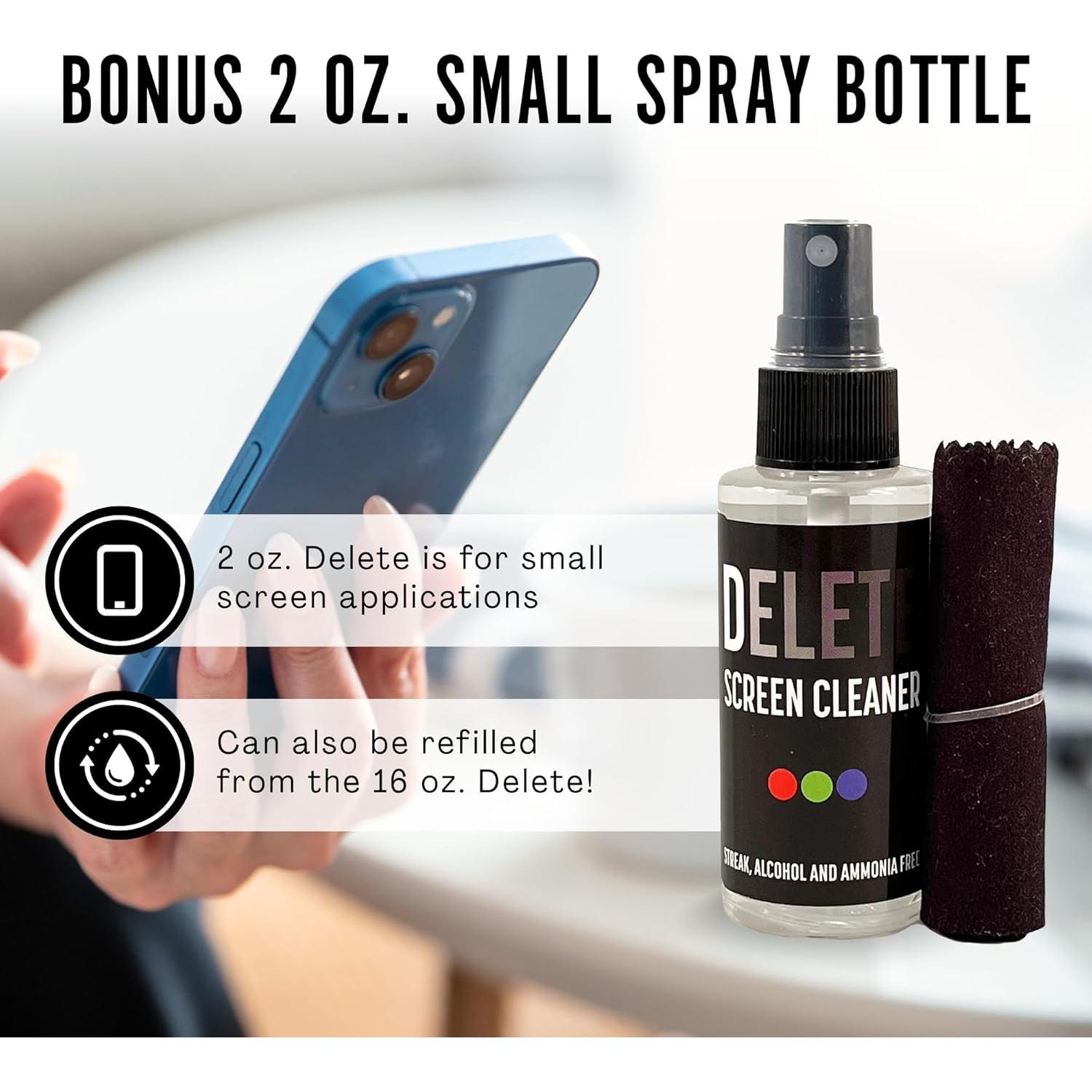 Kit Limpiador de Pantallas Delete 16oz y 2oz con Paño Microfibra