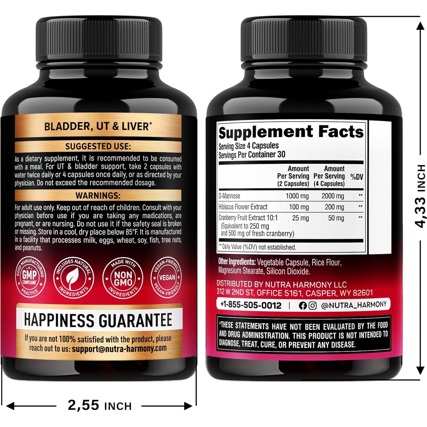 D-Mannose 2000mg Nutra Harmony con Arándano y Hibisco - 120 Cápsulas