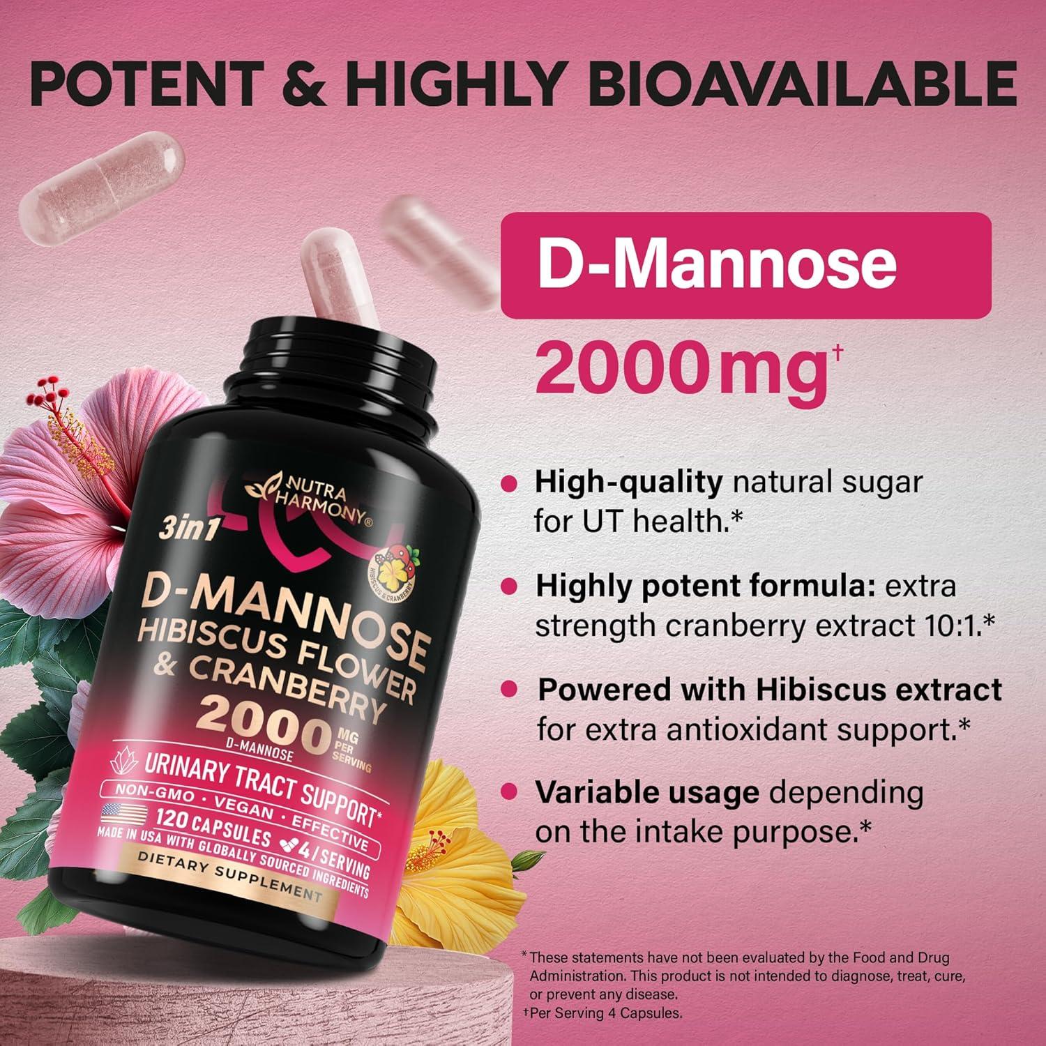 D-Mannose 2000mg Nutra Harmony con Arándano y Hibisco - 120 Cápsulas