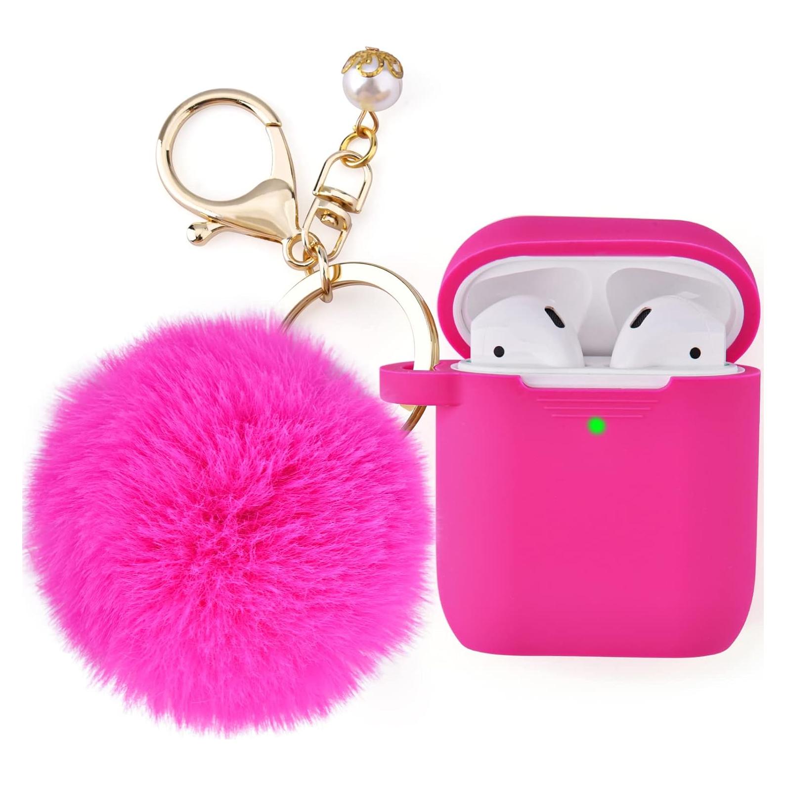 Funda de Silicona Rosa Fucsia para Airpods 1 y 2 con Llavero