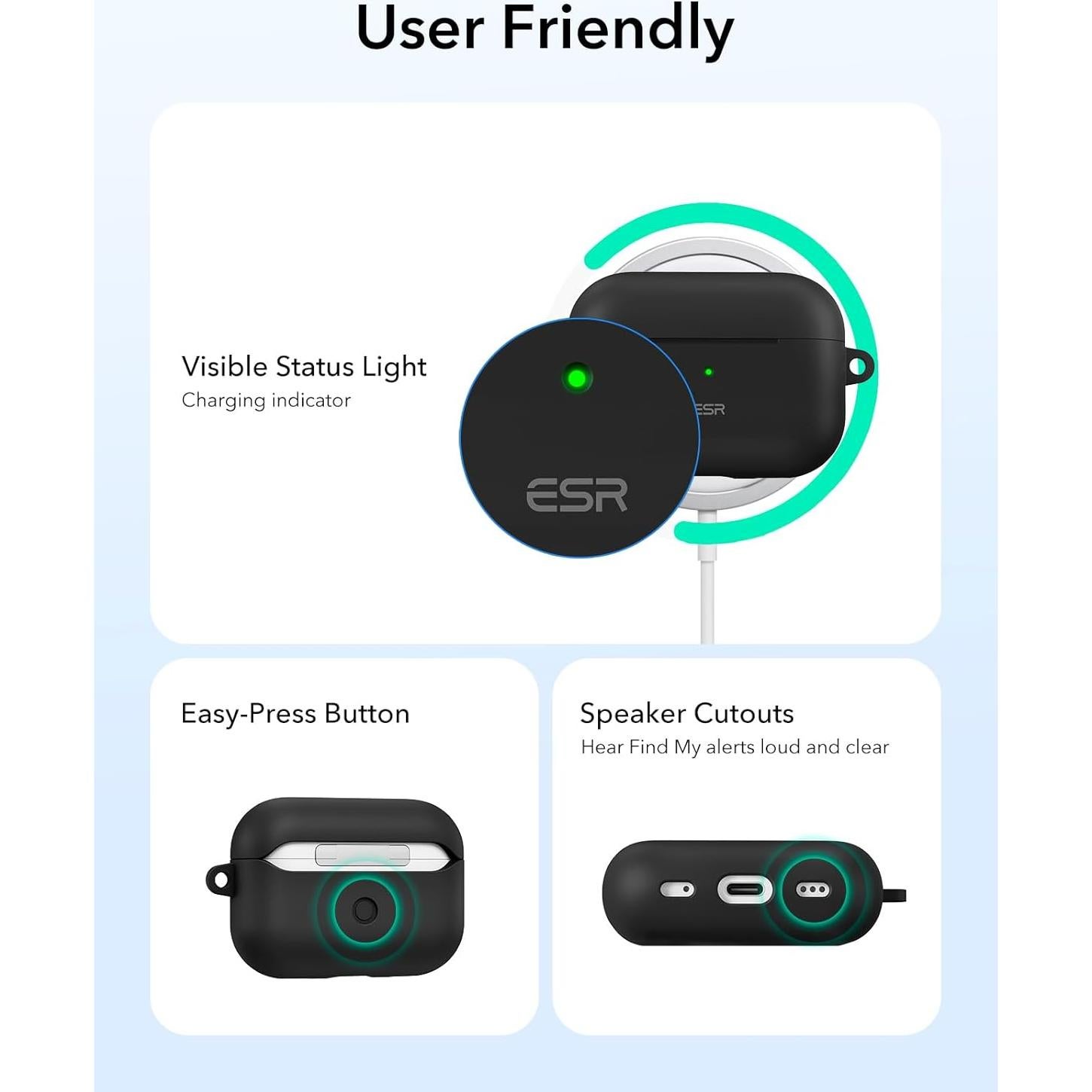 Funda ESR para AirPods Pro 2da Gen. Negra - Protección Completa