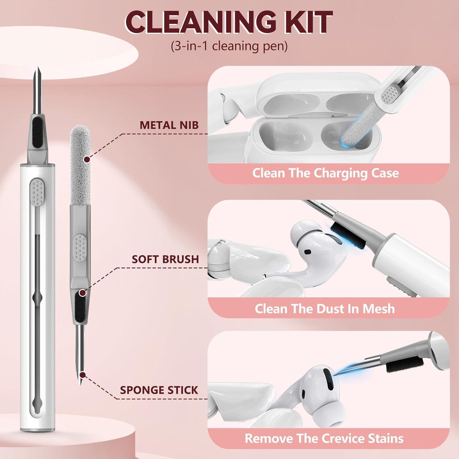 Funda Dura Inesore para AirPods Pro 2da Gen Rosa con Kit de Limpieza