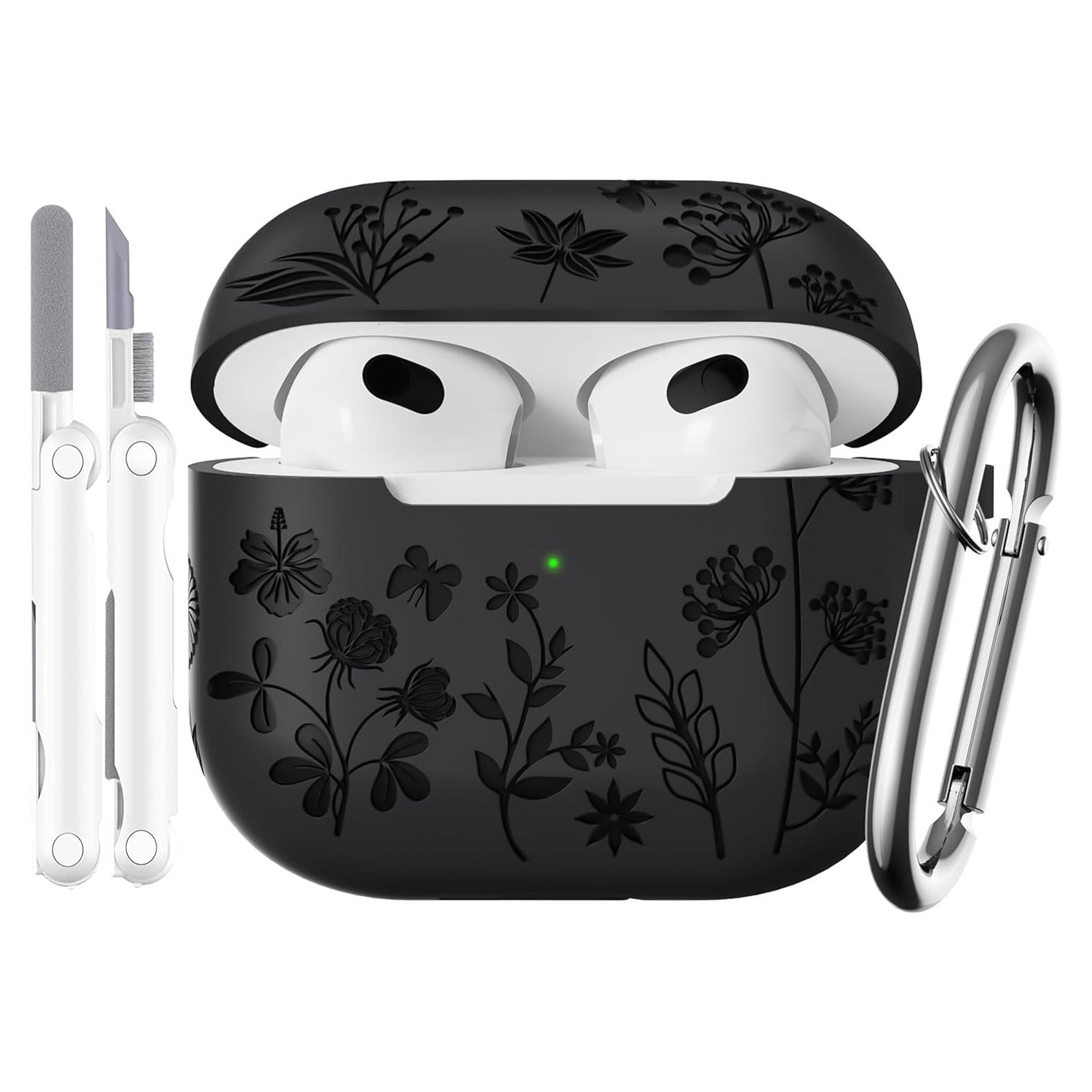 for Airpods 3rd Generation - Flower Engraved Soft Silicone Case - Cute Case with Cleaner Kit & Keychain (Black)