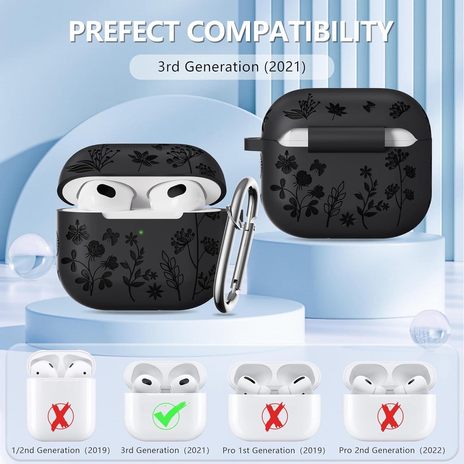 for Airpods 3rd Generation - Flower Engraved Soft Silicone Case - Cute Case with Cleaner Kit & Keychain (Black)