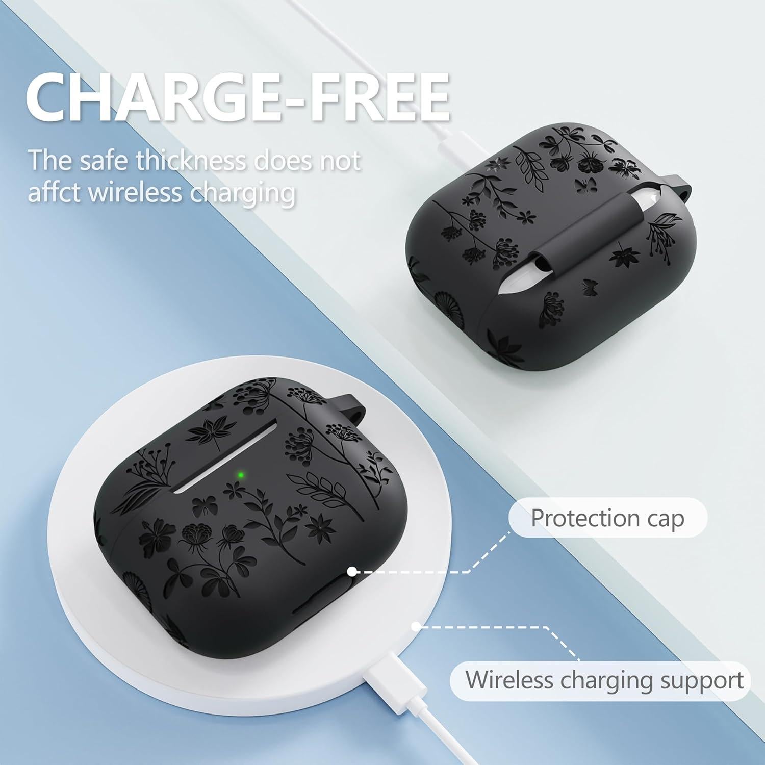 for Airpods 3rd Generation - Flower Engraved Soft Silicone Case - Cute Case with Cleaner Kit & Keychain (Black)