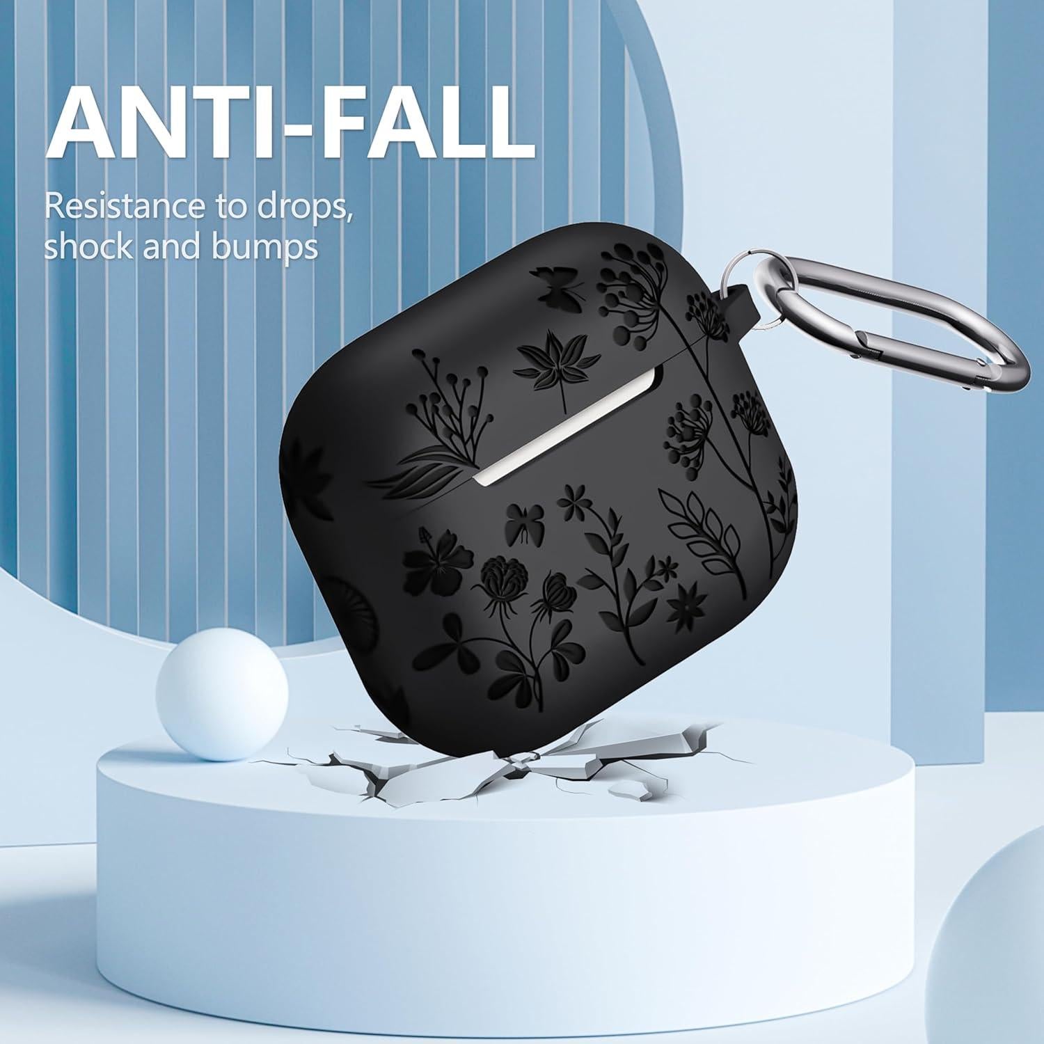 for Airpods 3rd Generation - Flower Engraved Soft Silicone Case - Cute Case with Cleaner Kit & Keychain (Black)