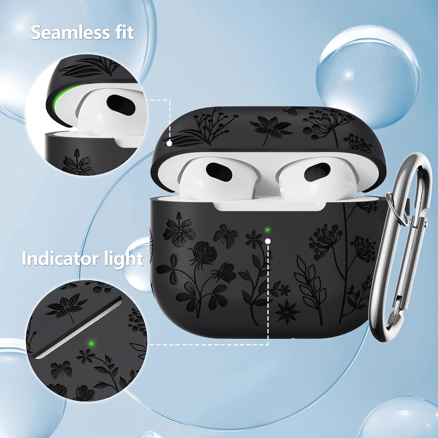 for Airpods 3rd Generation - Flower Engraved Soft Silicone Case - Cute Case with Cleaner Kit & Keychain (Black)