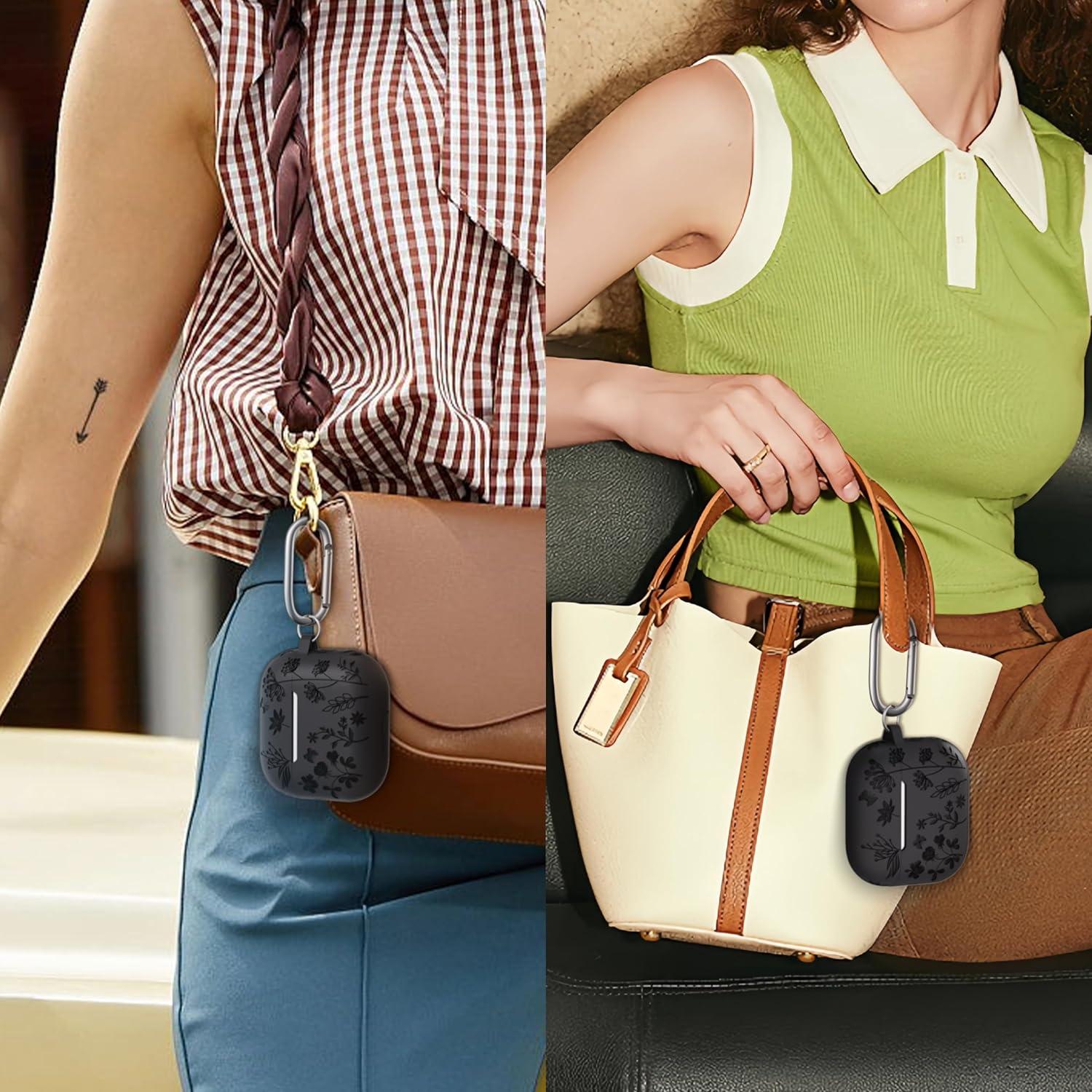 for Airpods 3rd Generation - Flower Engraved Soft Silicone Case - Cute Case with Cleaner Kit & Keychain (Black)