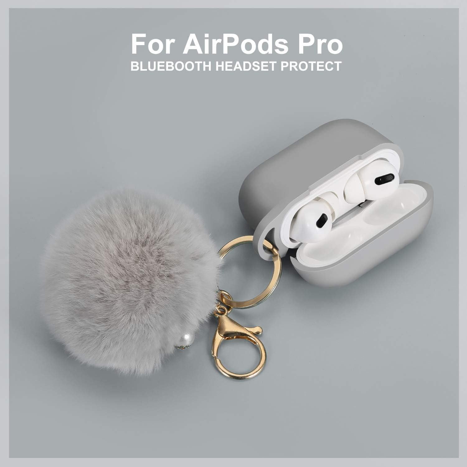 Funda Protectora Silicona Airpods Pro 2019 con Llavero Pom Pom Gris