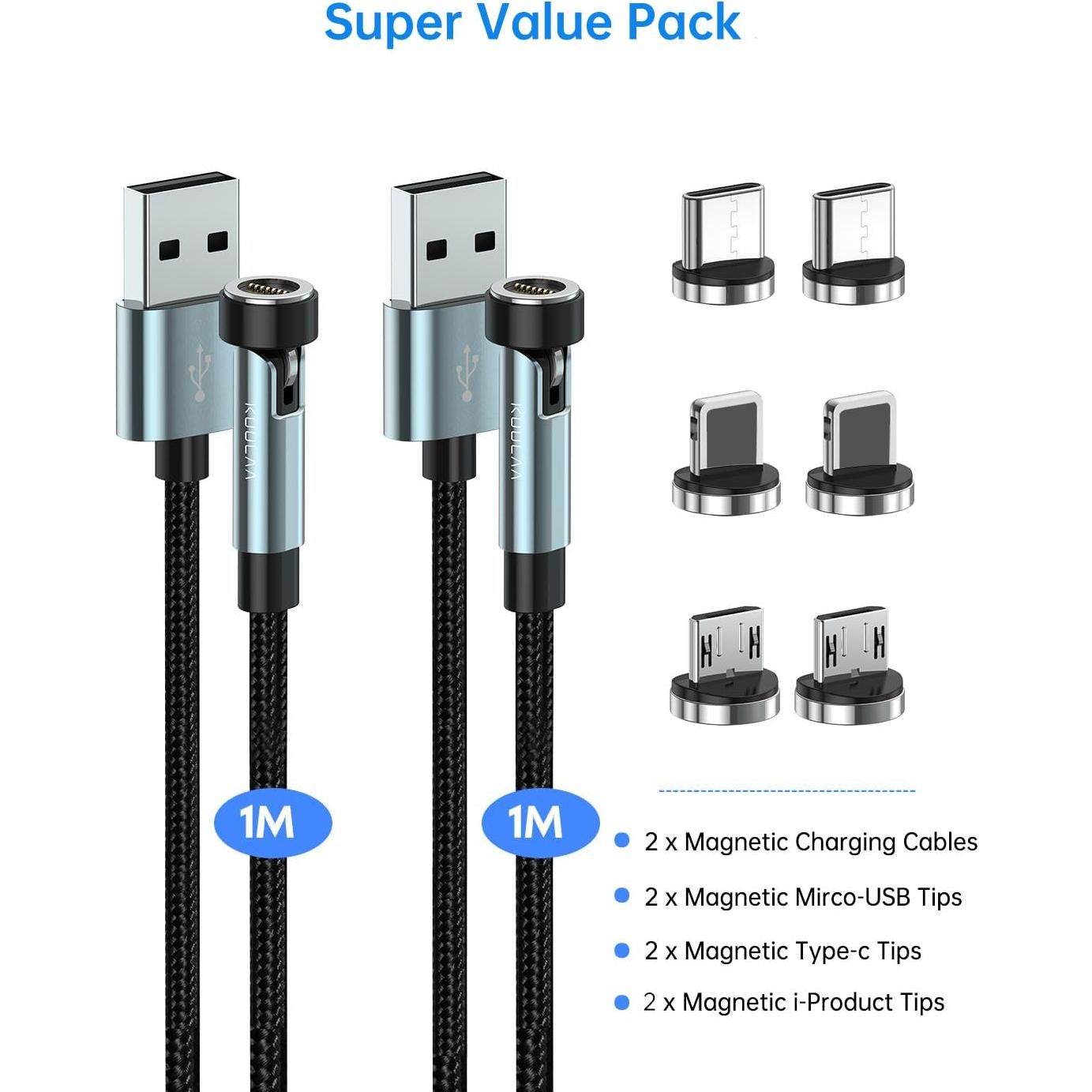 Cable de Carga Magnético Kuulaa 7PIN 3FT 2Pack Carga Rápida 3A