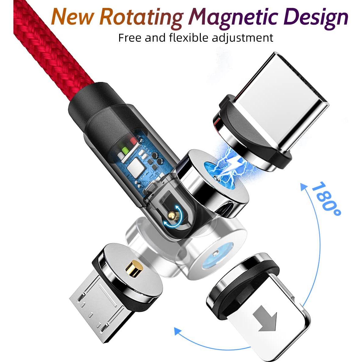 Cable de Carga Magnético 3 en 1 ANMONE 540° Rojo 2x3ft 2x6ft