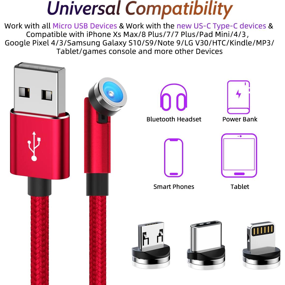 Cable de Carga Magnético 3 en 1 ANMONE 540° Rojo 2x3ft 2x6ft