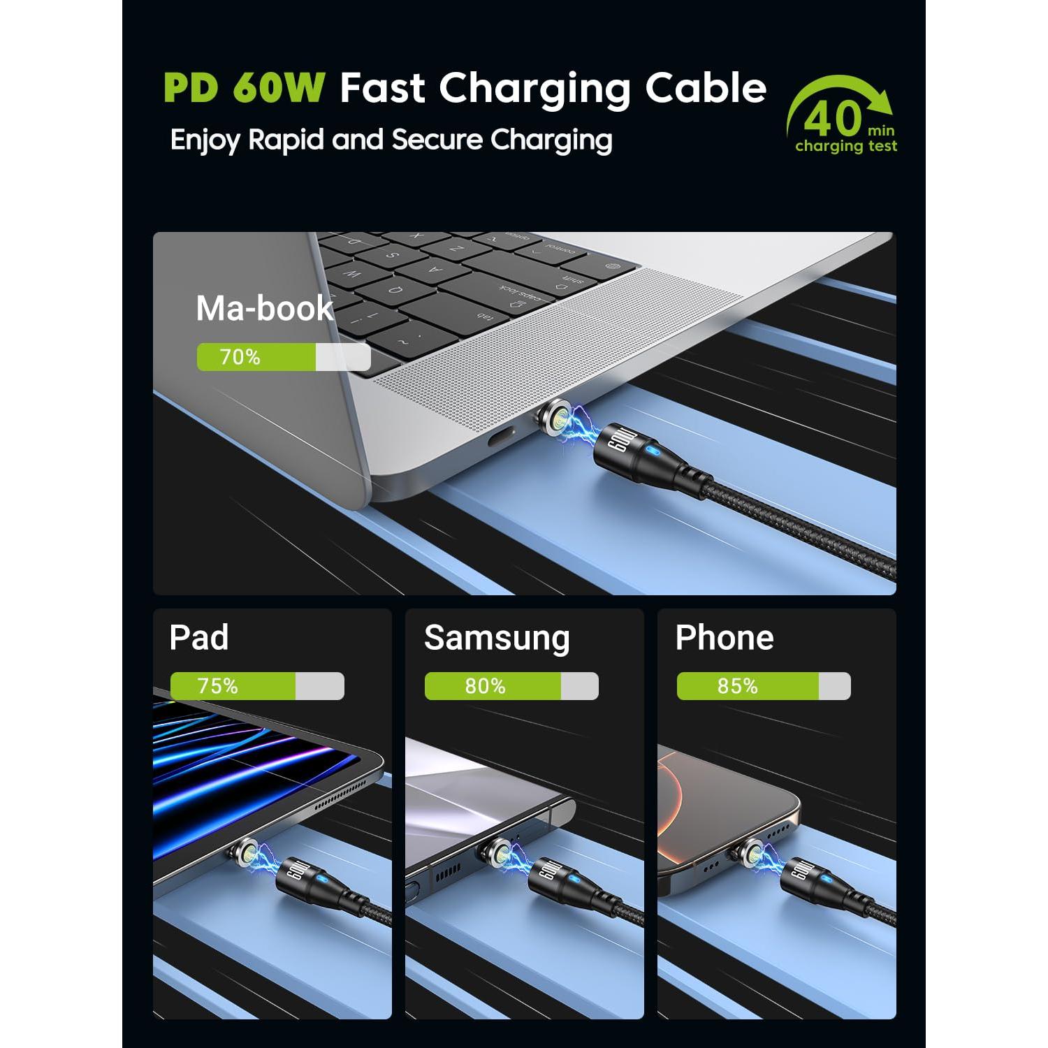 Cable de Carga Magnético VAFOTON 60W USB C 1m y 2m