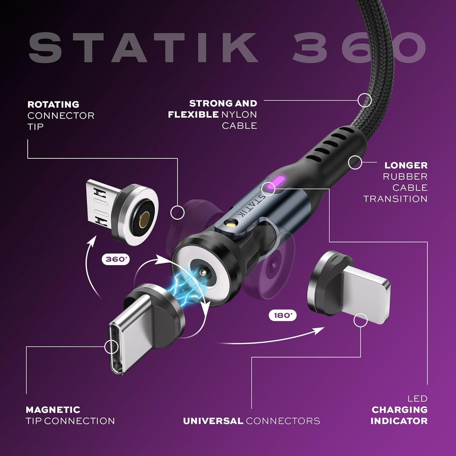 Cable de Carga Magnético Statik 360 - USB C 2M Negro