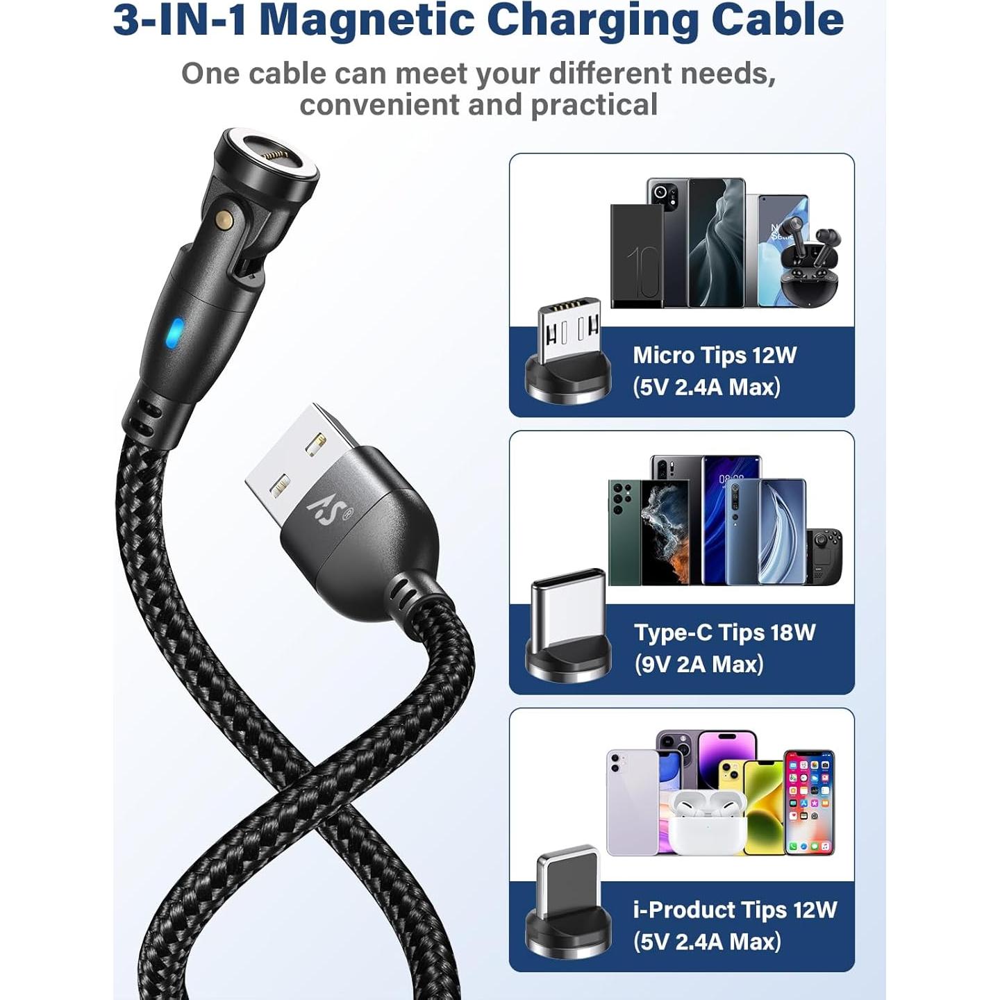 Cable de Carga Magnético A.S Gen3 1m/2m 3 en 1 USB C/Micro-USB/iProduct
