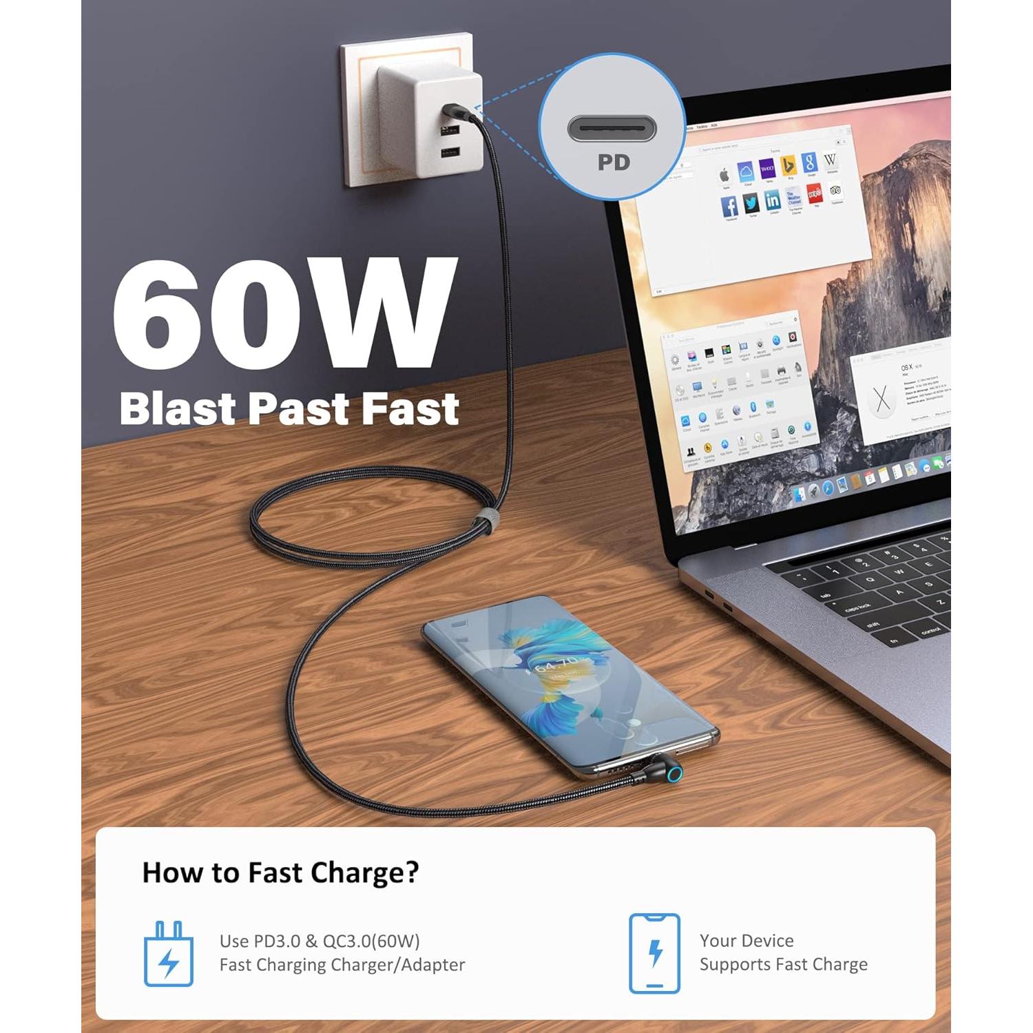 Cable de Carga Magnético A.S 60W USB C 3 Unidades 0.91m/2.01m