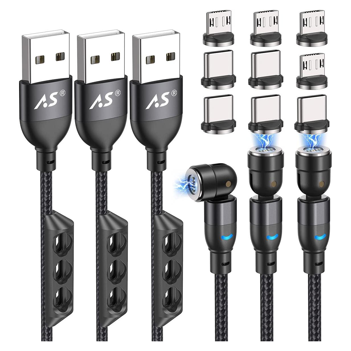 Cable de Carga Magnético A.S 360 1.83m 3 en 1 USB C Micro USB