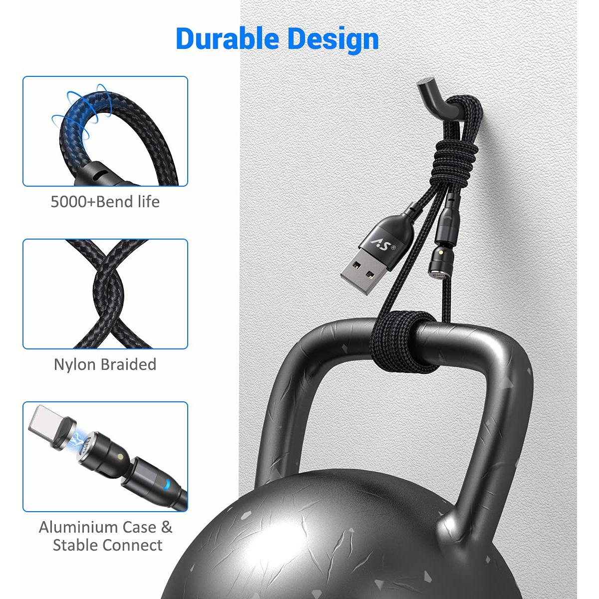 Cable de Carga Magnético A.S 360 1.83m 3 en 1 USB C Micro USB