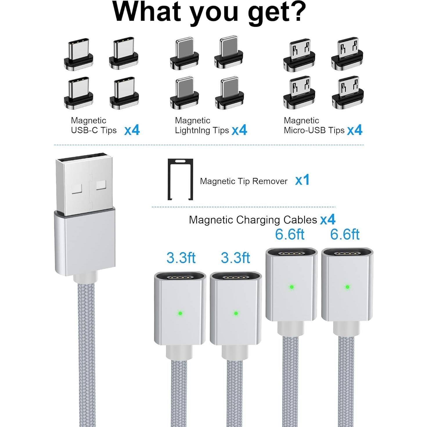 Cable de Carga Magnético ZBF 3A 4-Pack 1-2 m USB C Micro USB