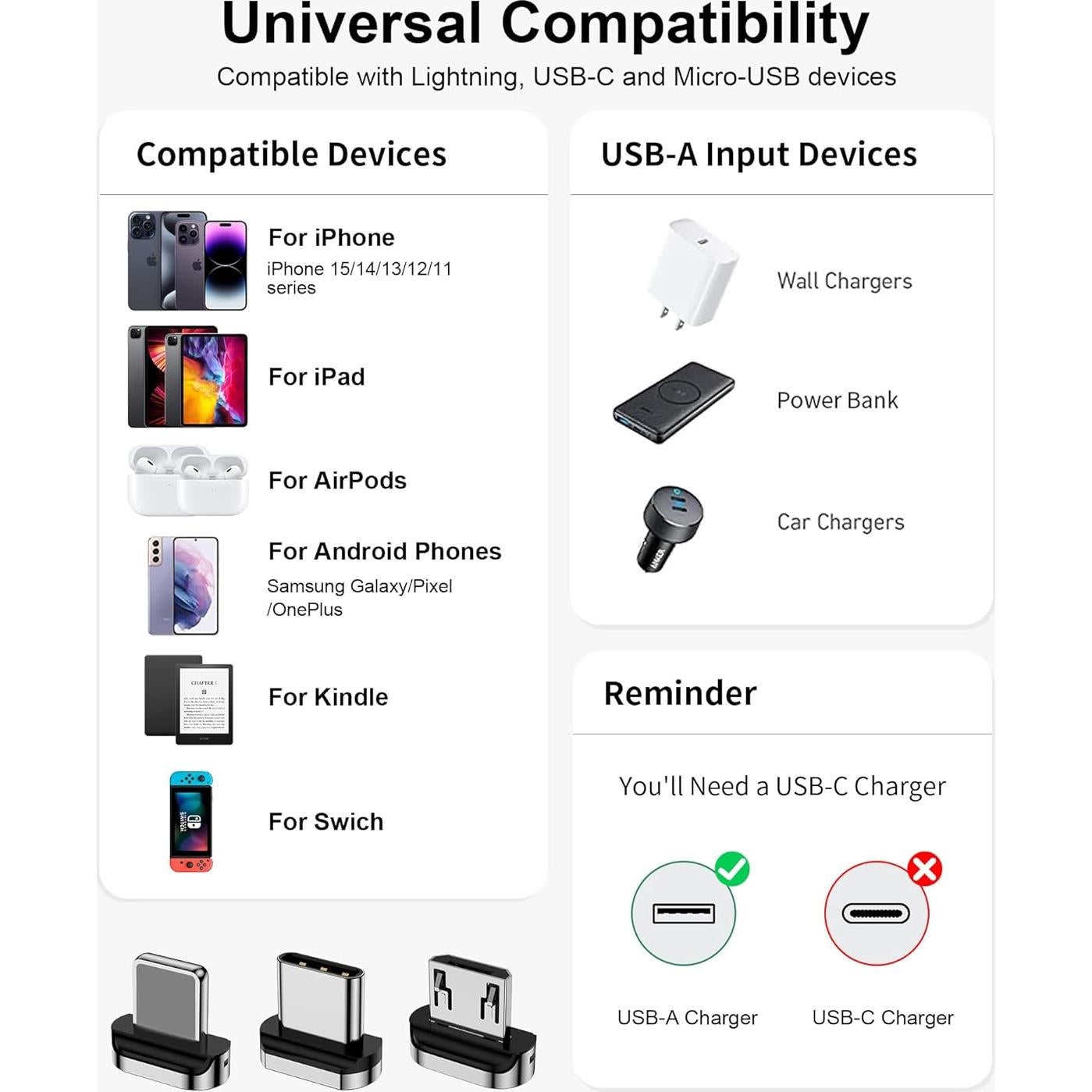 Cable de Carga Magnético ZBF 3A 4-Pack 1-2 m USB C Micro USB