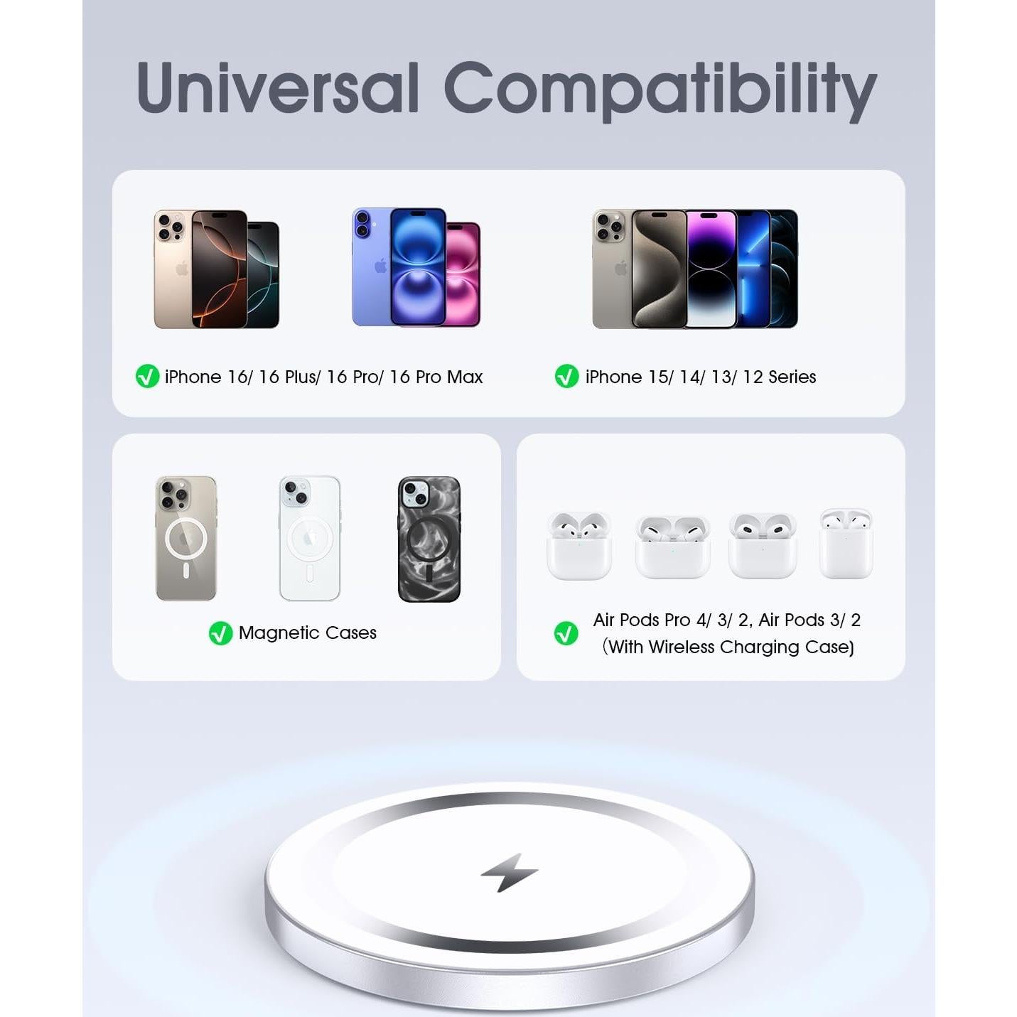 Cargador Mag-Safe WRVVR 2 Pack 15W para iPhone y AirPods Plata