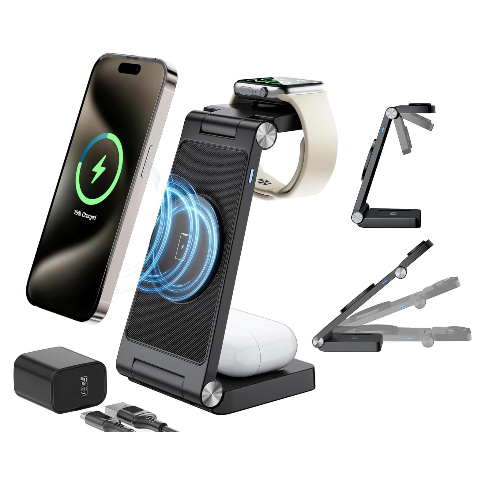 Estación de Carga Inalámbrica 3 en 1 ANNNWZZD para iPhone, Apple Watch y AirPods - Carga Rápida, Negro