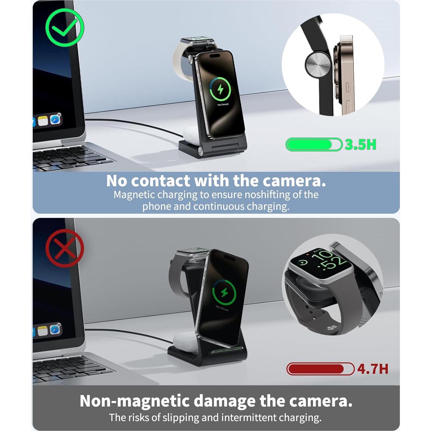 Estación de Carga Inalámbrica 3 en 1 ANNNWZZD para iPhone, Apple Watch y AirPods - Carga Rápida, Negro