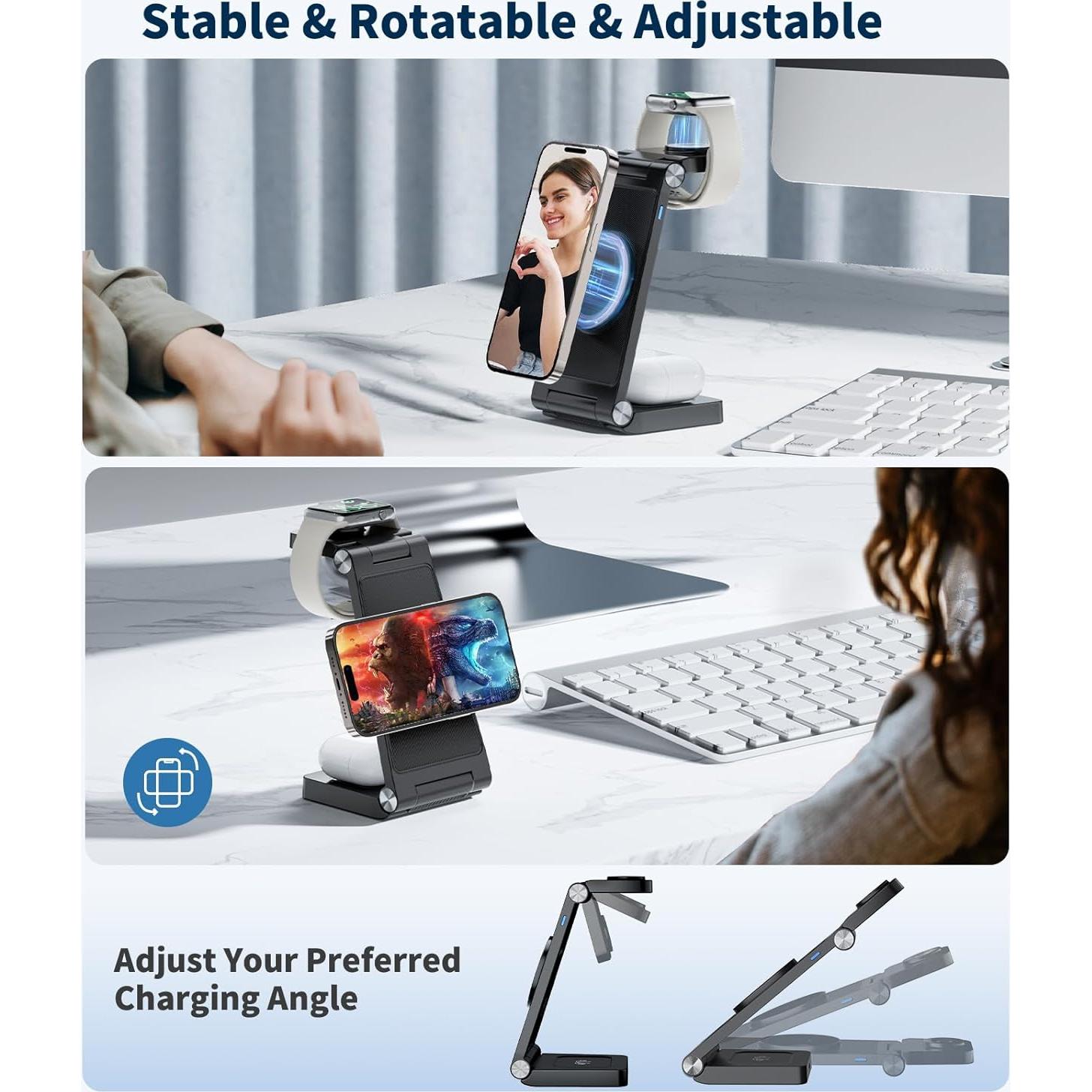 Estación de Carga Inalámbrica 3 en 1 ANNNWZZD para iPhone, Apple Watch y AirPods - Carga Rápida, Negro