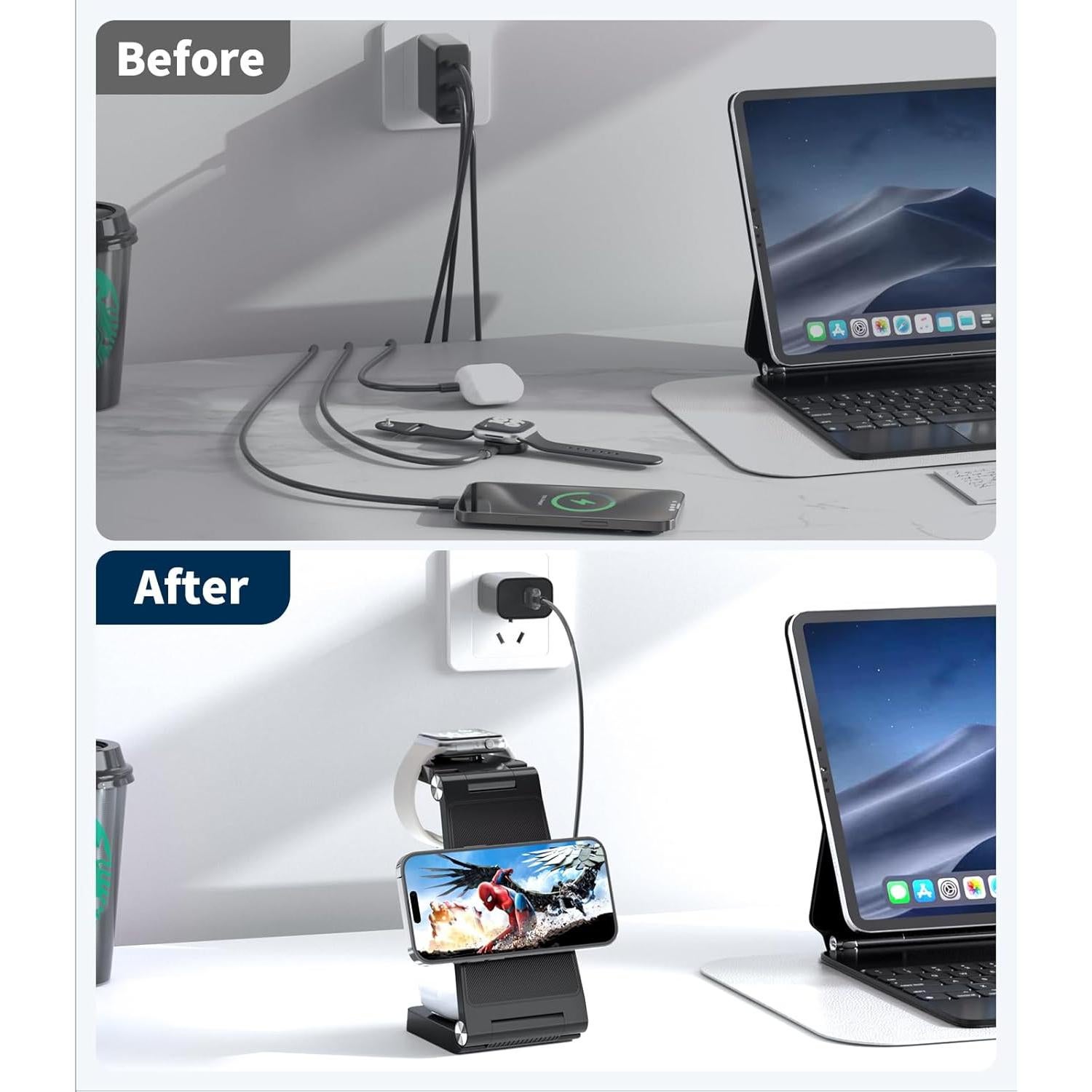 Estación de Carga Inalámbrica 3 en 1 ANNNWZZD para iPhone, Apple Watch y AirPods - Carga Rápida, Negro