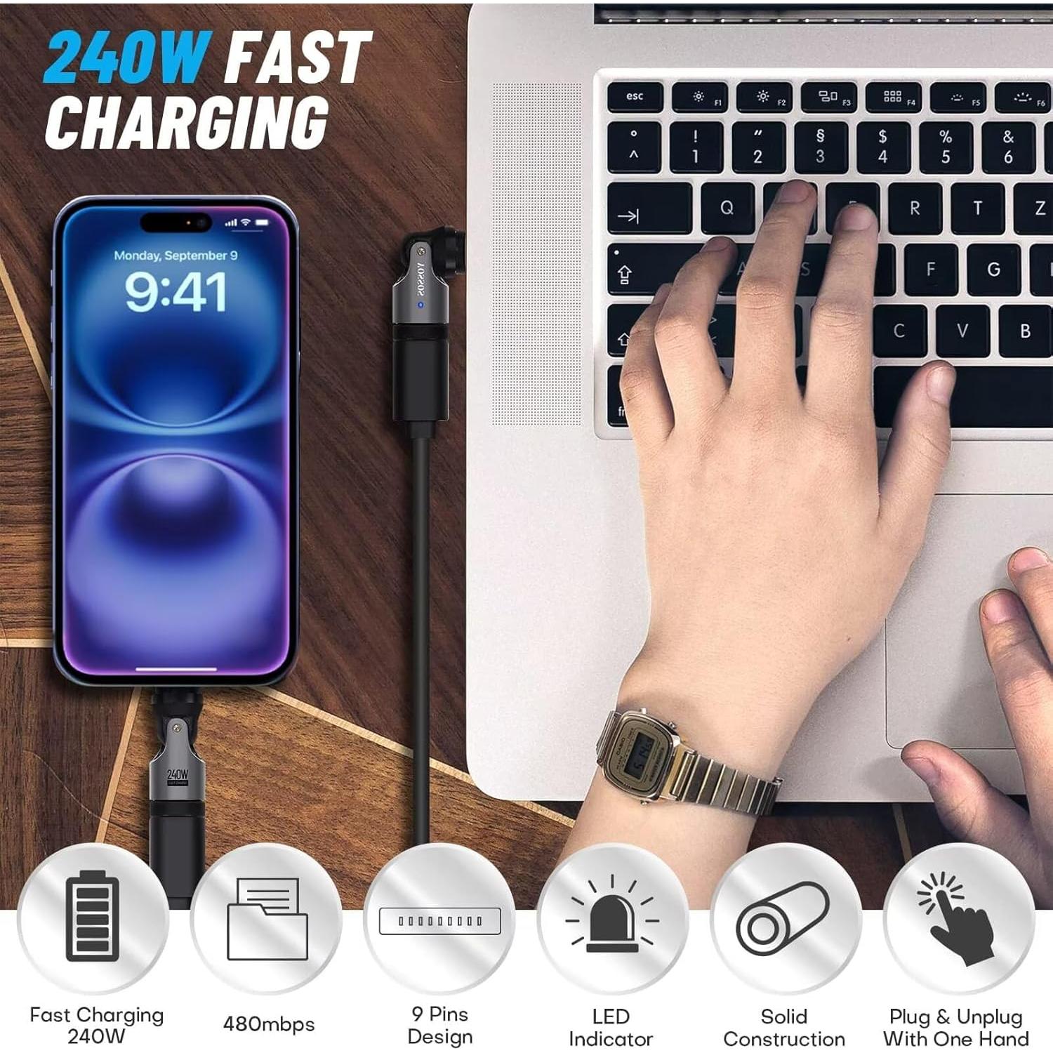 Adaptador Magnético USB C 240W Yossos 2 Paquete Carga Rápida