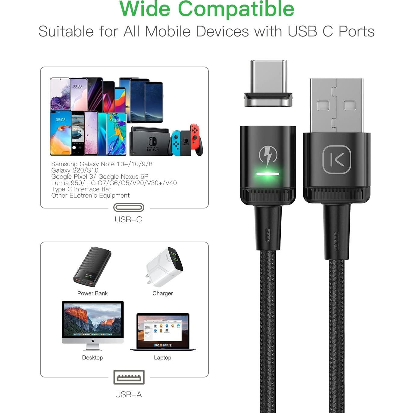 Cable Magnético Tipo C Kuulaa 1.83m 2Pack Carga Rápida LED