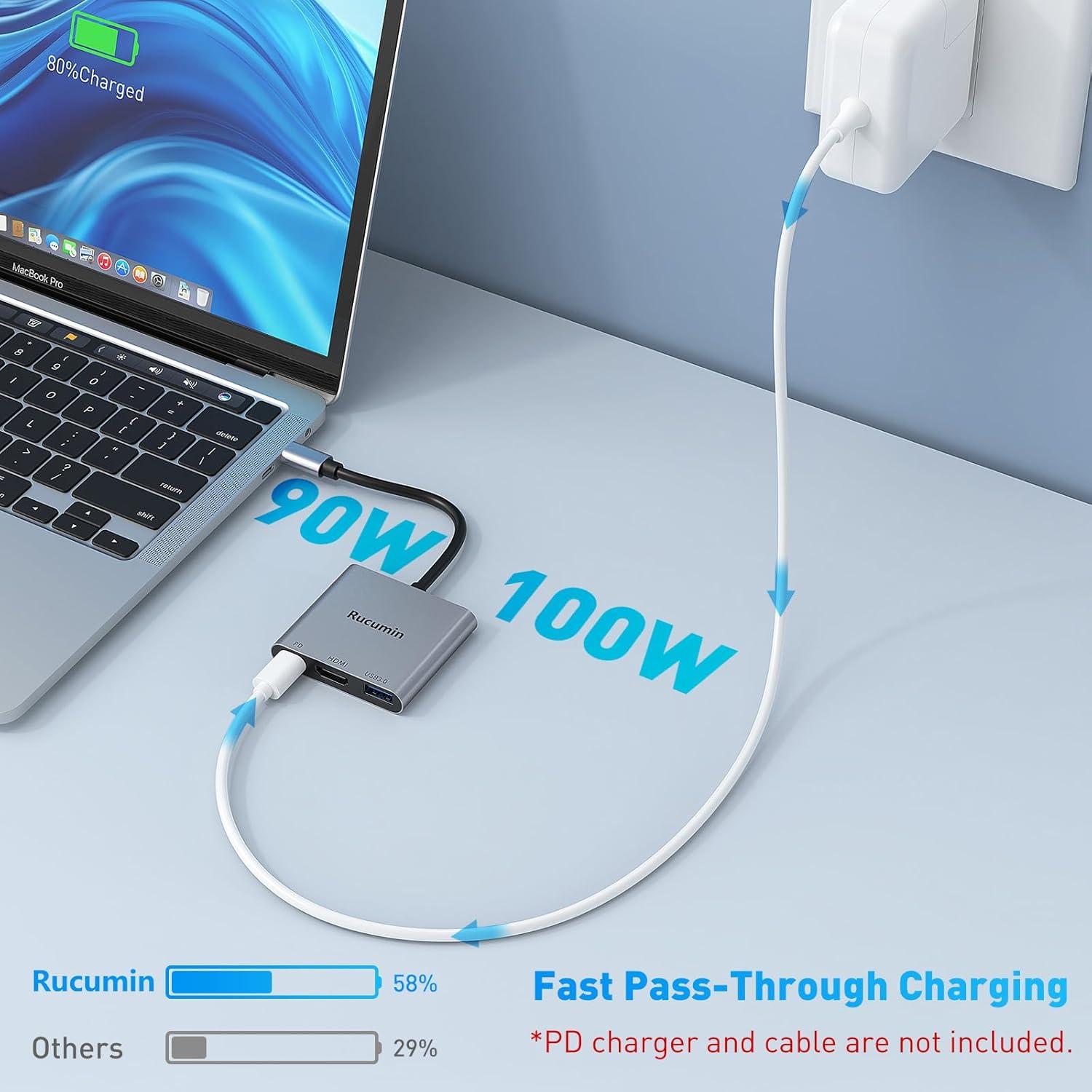 Adaptador USB C a HDMI 4K Rucumin con 100W PD y USB 3.0